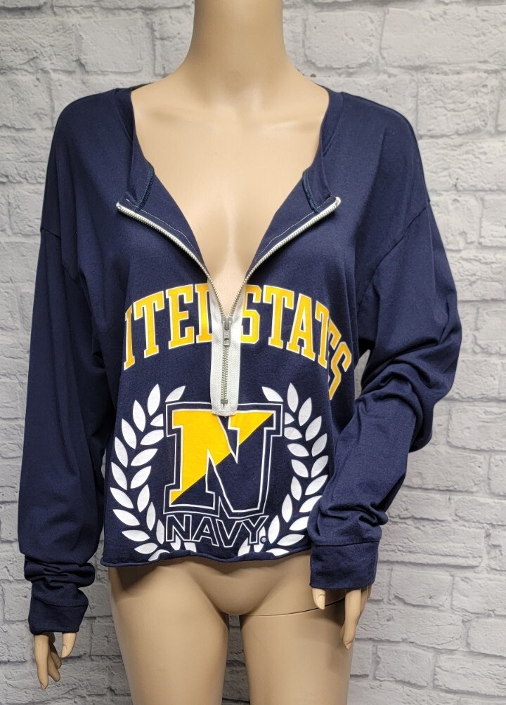VICTORIA’S SECRET PINK 5TH & OCEAN L UNITED STATES NAVY BLUE ZIP CROPPED TOP TEE