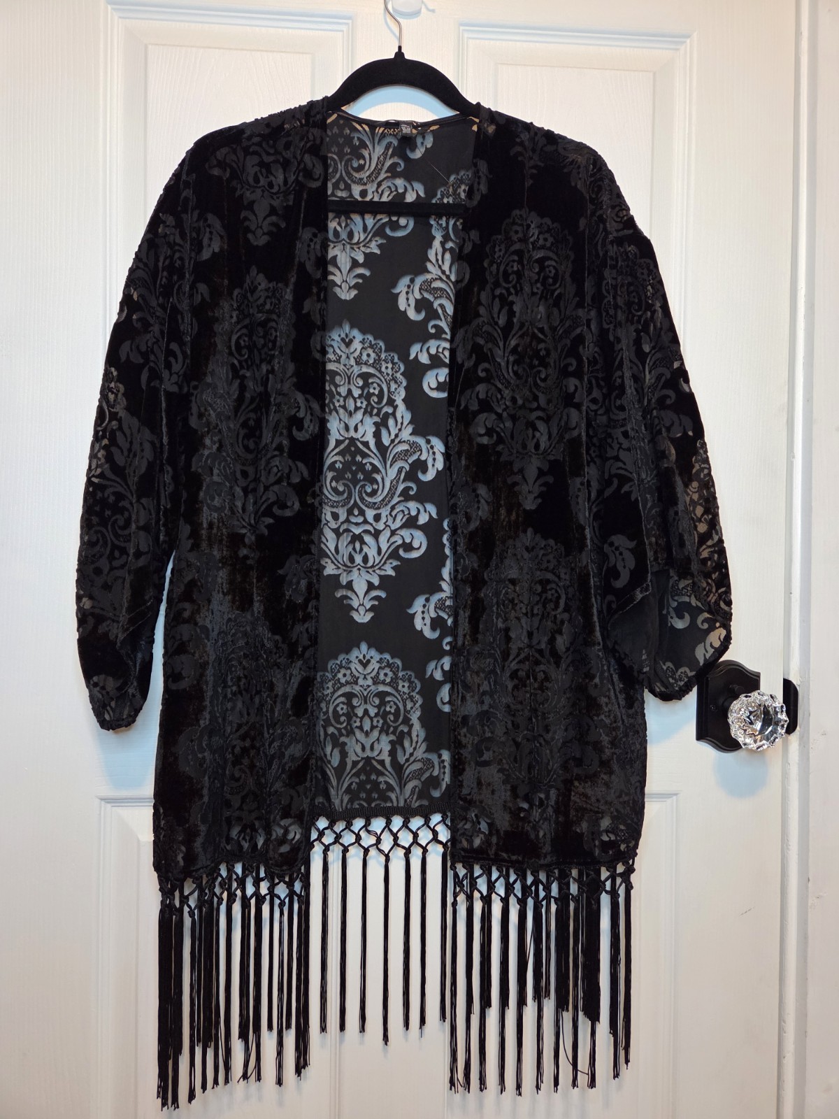 Express Kimono Black Velvet Burnout Fringe One Size Boho Gypsy Hippie Festival