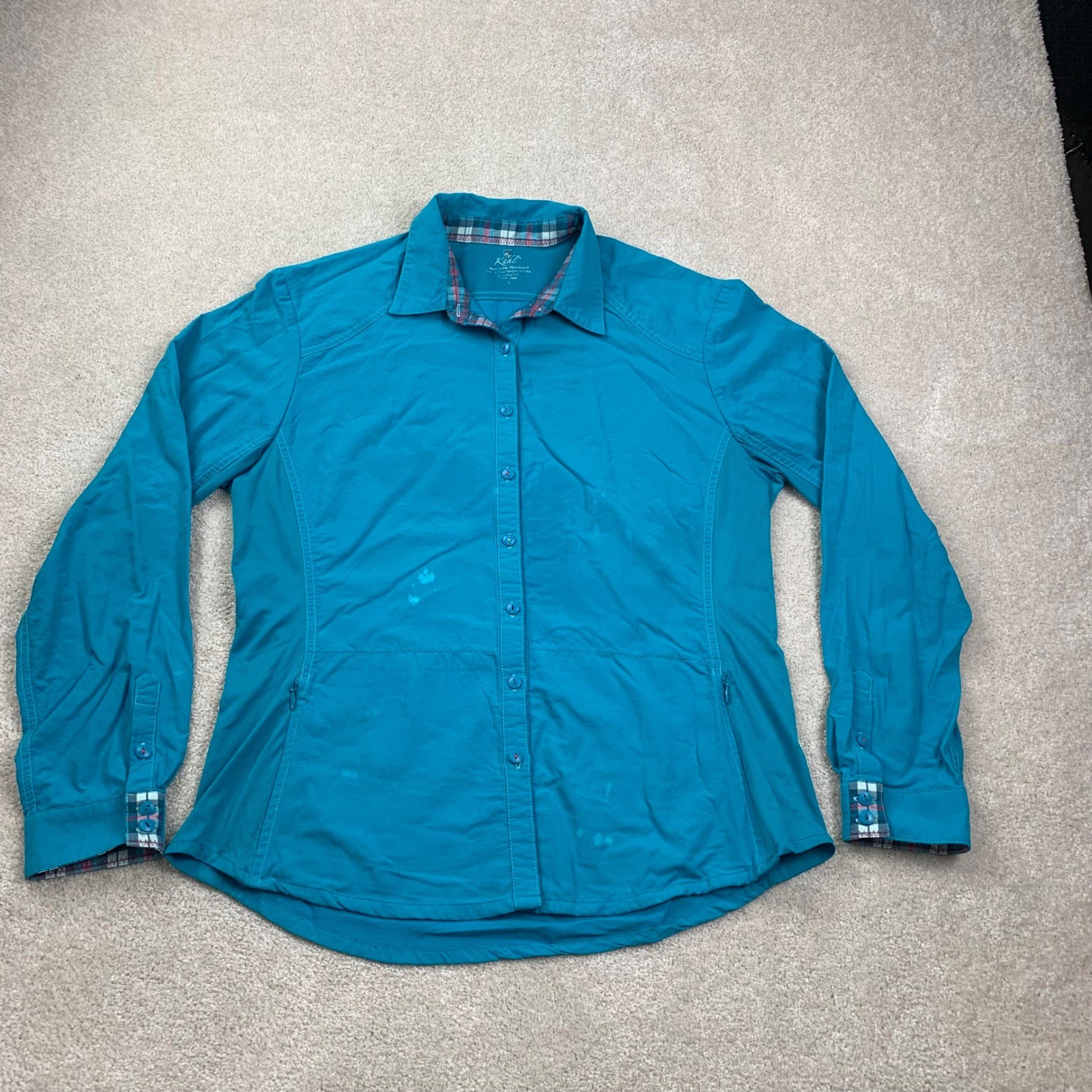 Kuhl Button Up Shirt Womens Large Teal Blue Long Sleeve Hiking Outdoor RN 108846