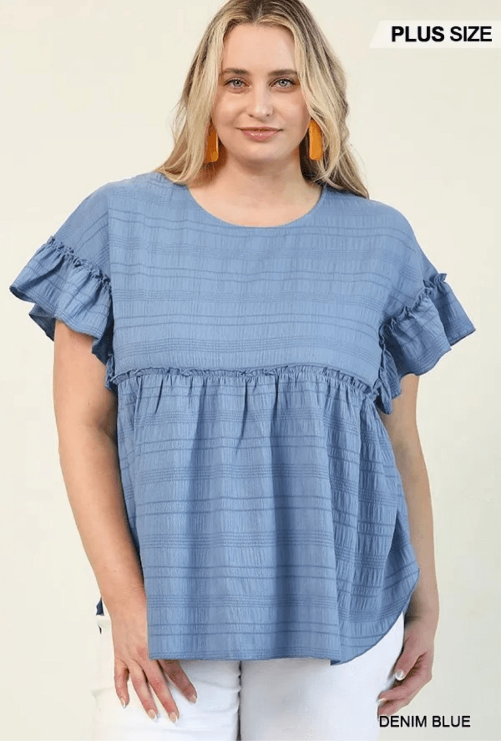 GiGio Plus Womens Ruffled Detail Hi-Low Hem Textured Top Denim Blue Size 1X NWT
