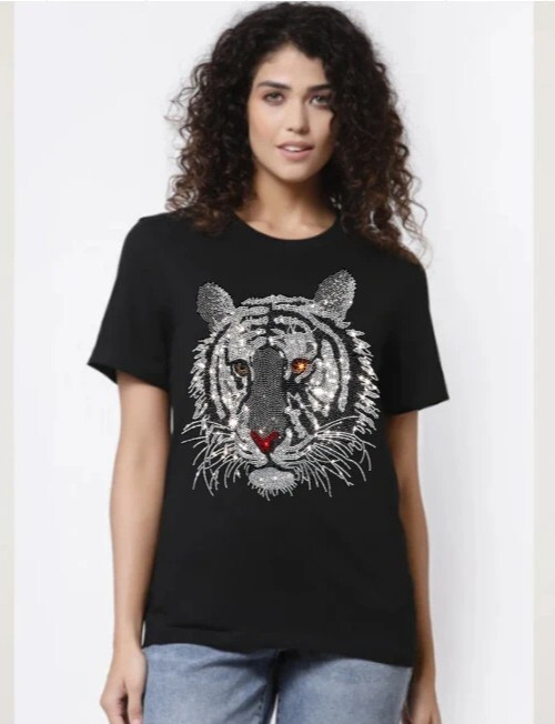 New Women Luxury Diamond Tiger Rhinestones Black White T-Shirt High Quality