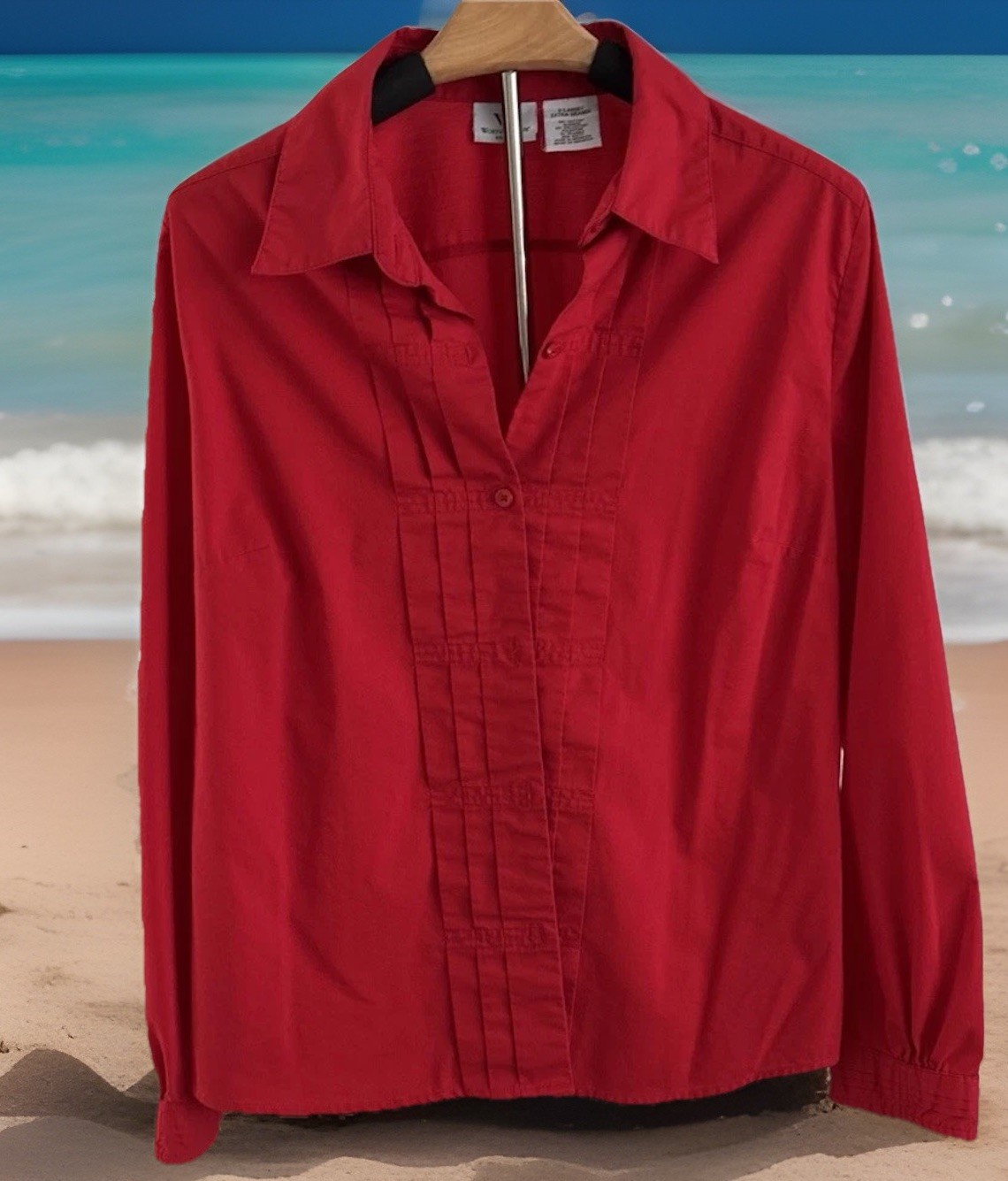 Stretch Red Pleated Collared Long Sleeve Button Tuxedo Look, Cottage Core