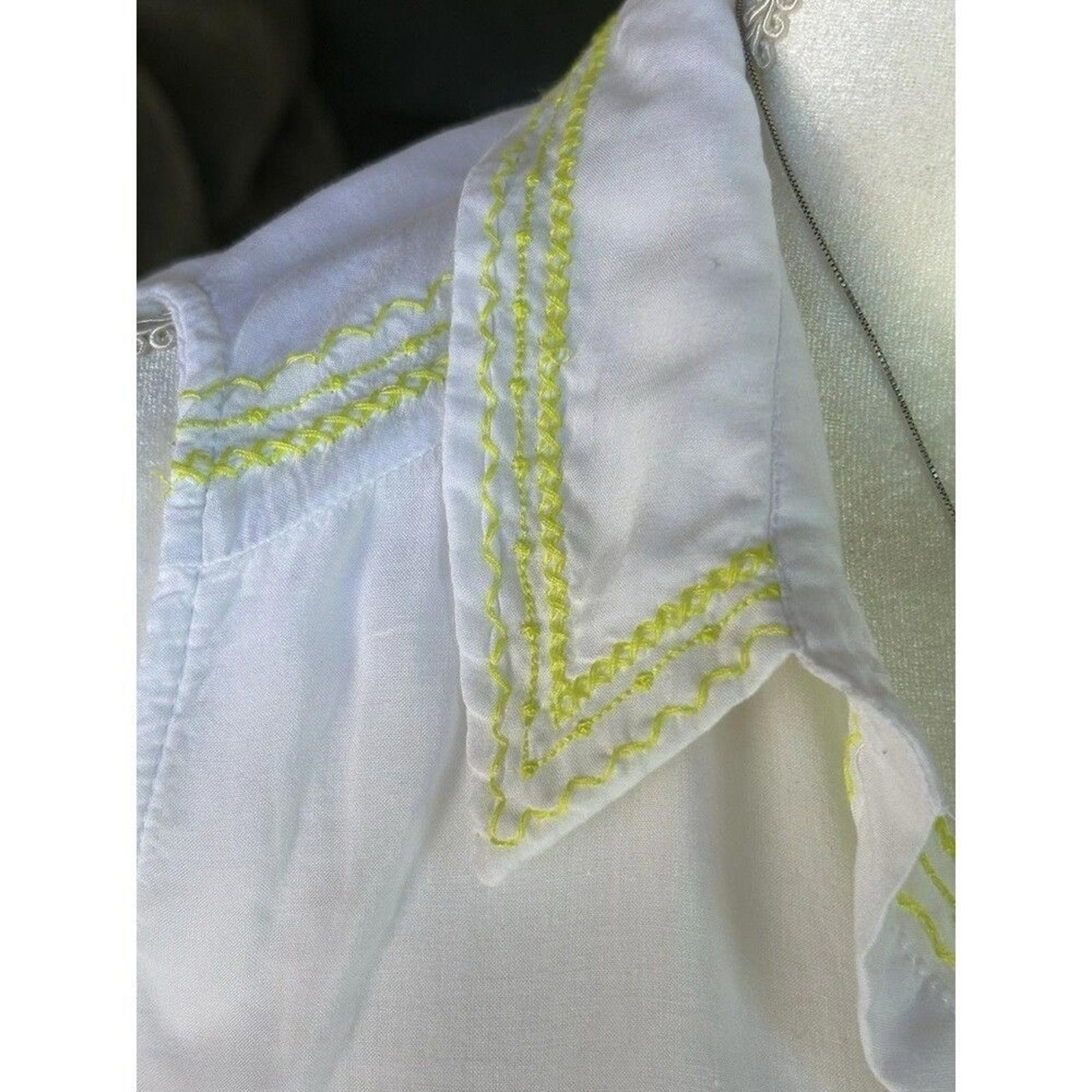 White Cotton Blouse with Lime Neon Embroidery & Buttons Cottagecore Boho Y2K