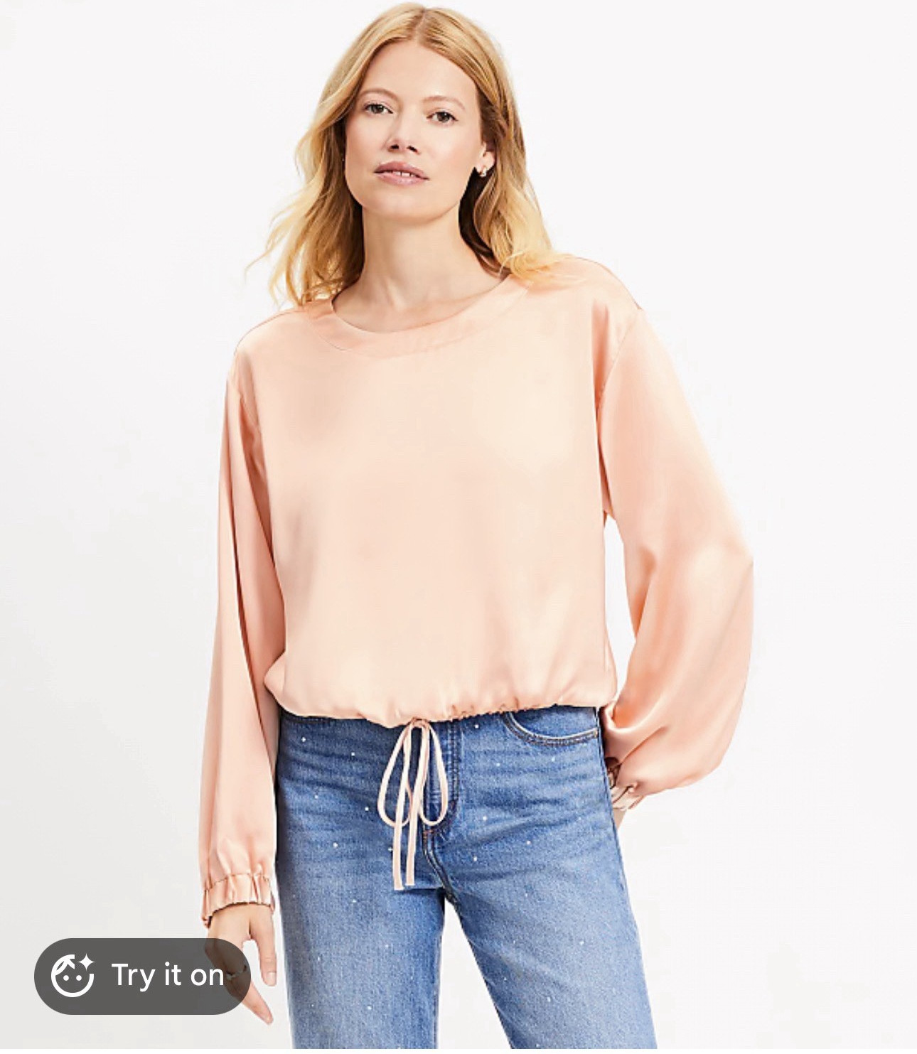 LOFT Satin Drawstring Blouse – S – Champagne Pink – Orig. $64.95