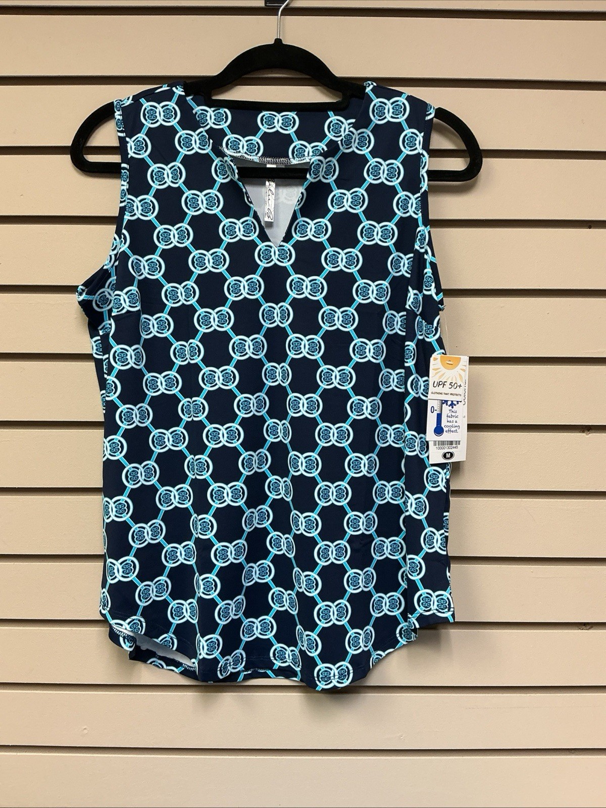 M Lulu B Top Sleeveless V Notch Neckline Aqua Navy & White Circles Lattice NWT