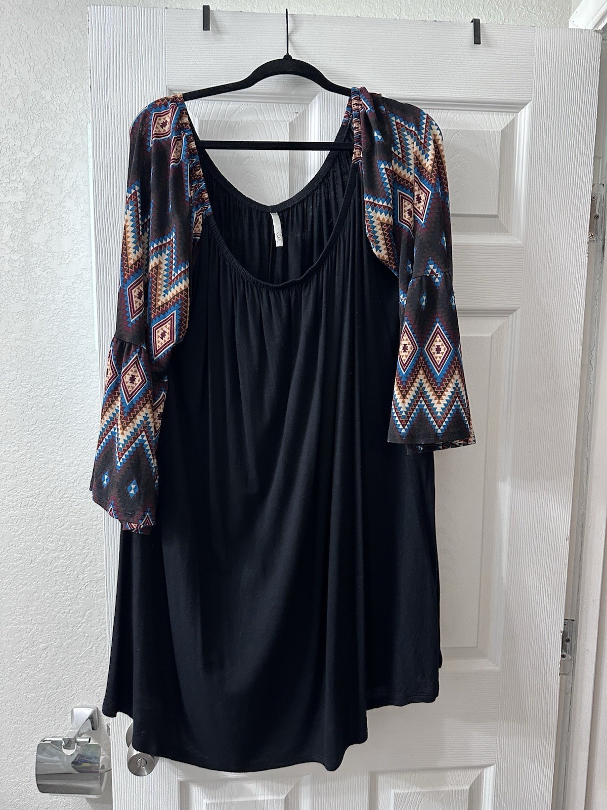Bell Sleeve Black Tunic Printed With Country/western Print