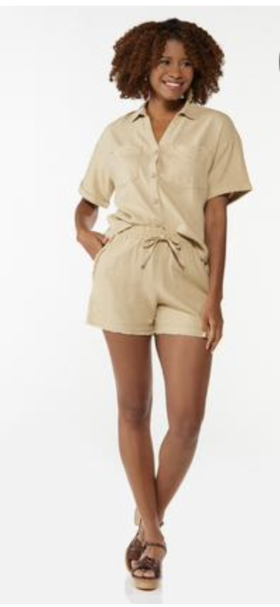 CATO Women’s J/M Frayed Linen Shirt – Safari Beige, L-XL