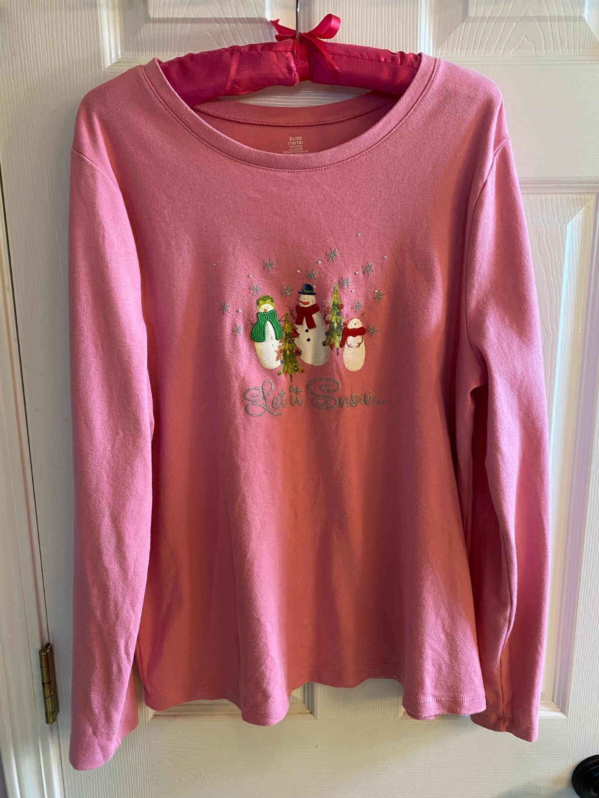 Christmas Yule Blouse Top Cotton Jersey Snowmen “Let It Snow” Pink XL EUC R393