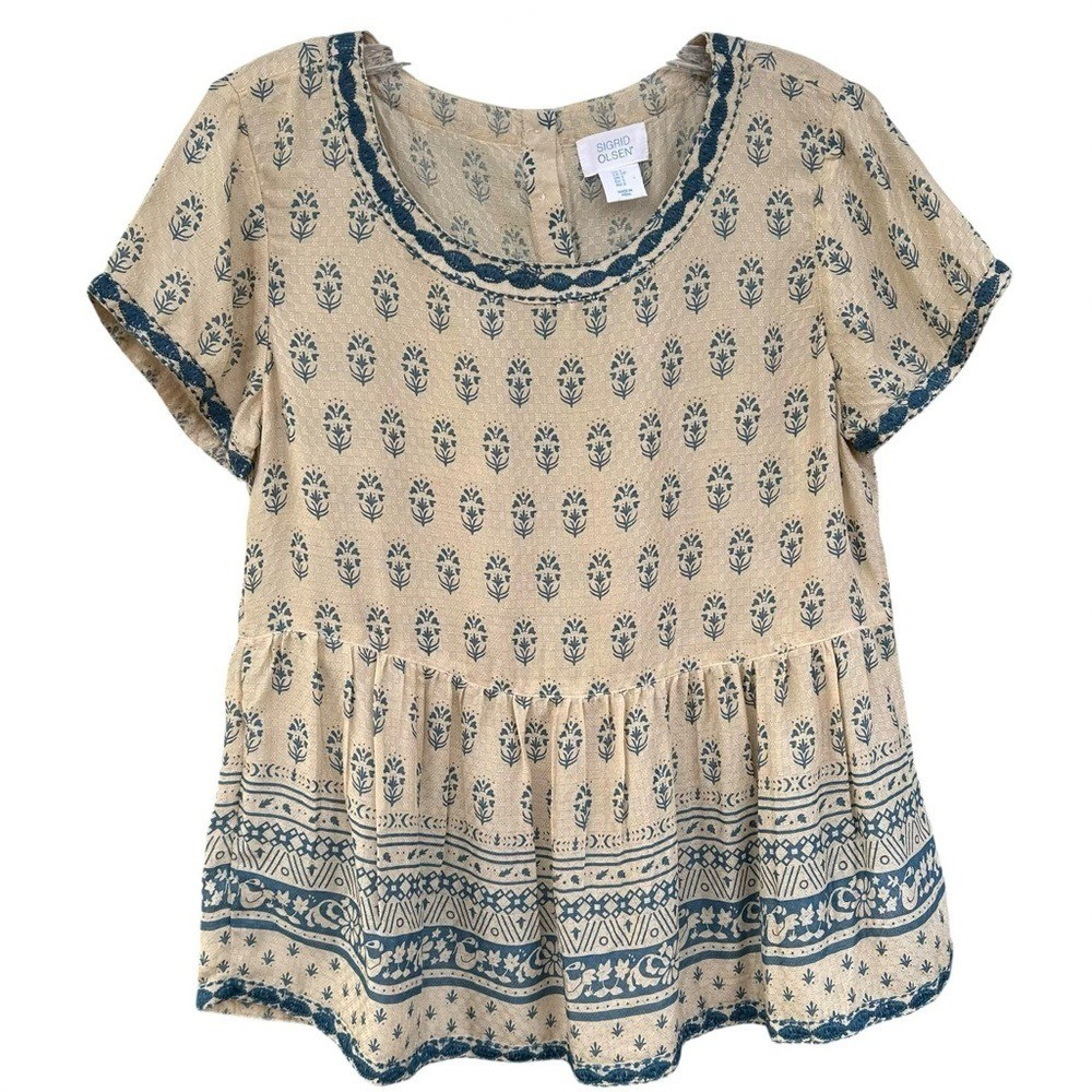 Sigrid Olsen Embroidered Modal Peplum Top Blue Cream Floral Boho Small NWOT