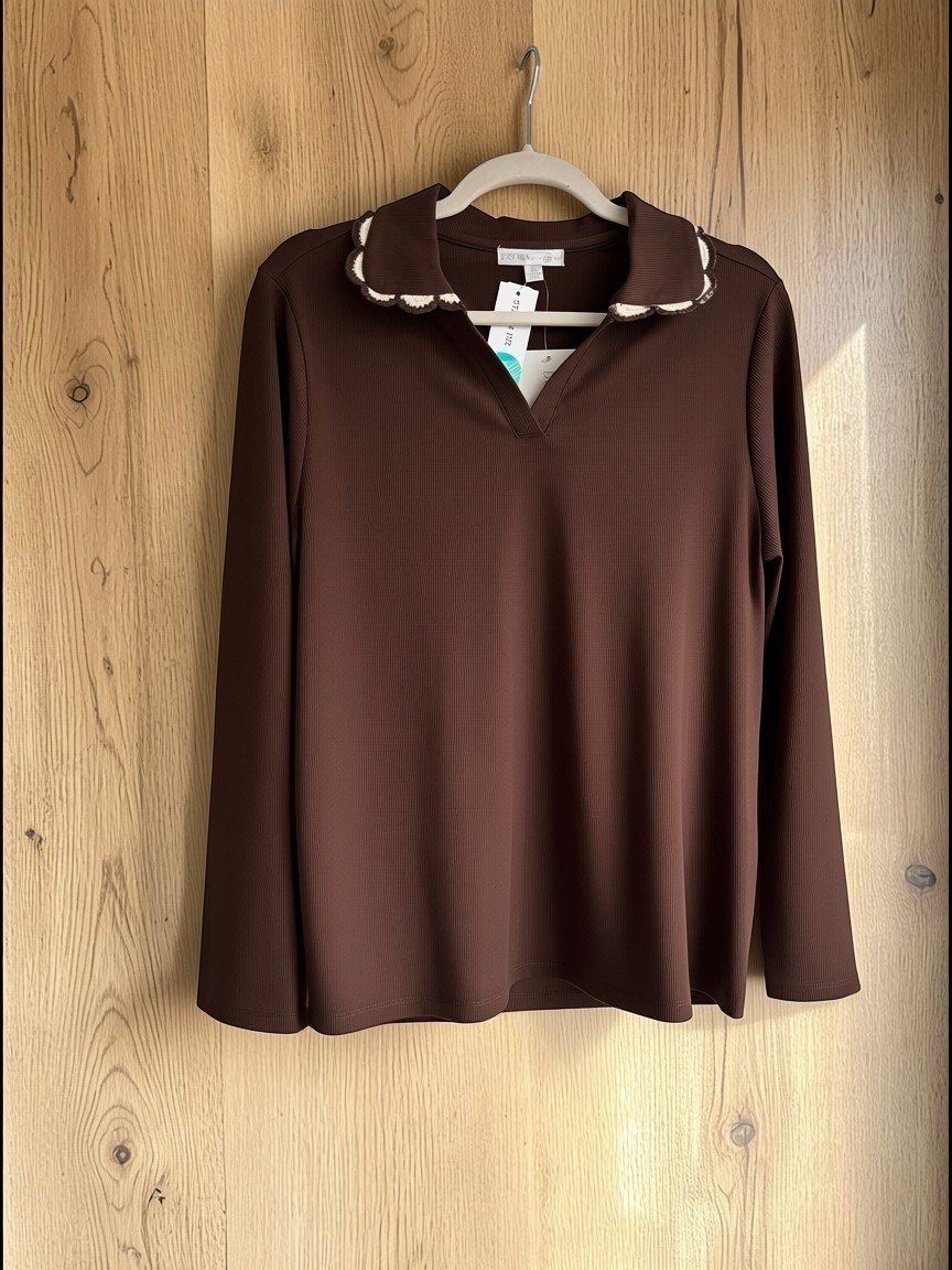 Design History Women’s Long Sleeve Johnny Collar Knit Top Size L Brown Stretch