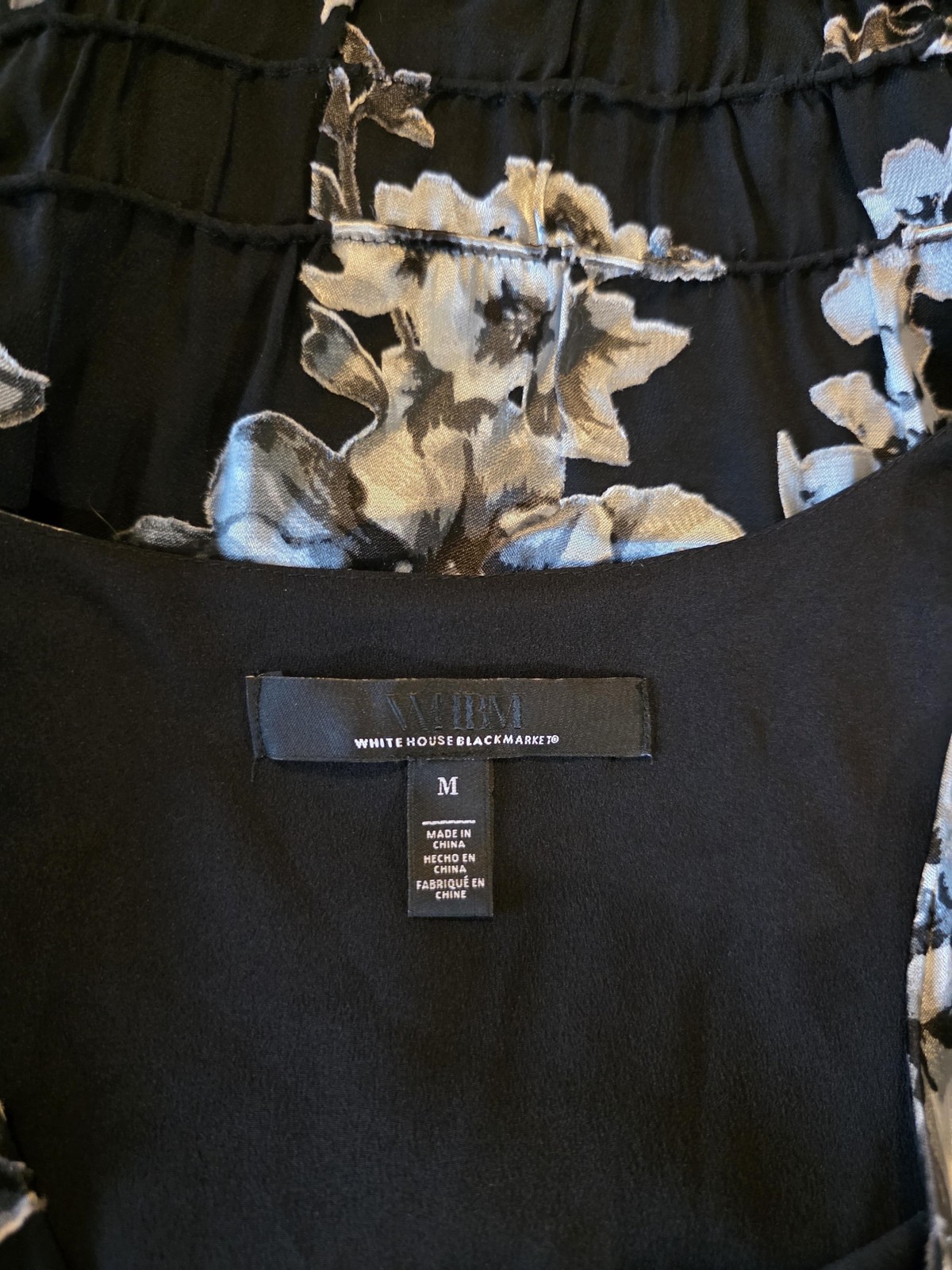 White House Black Market Top Womens Med Black Floral V-Neck Silk Blend Babydoll