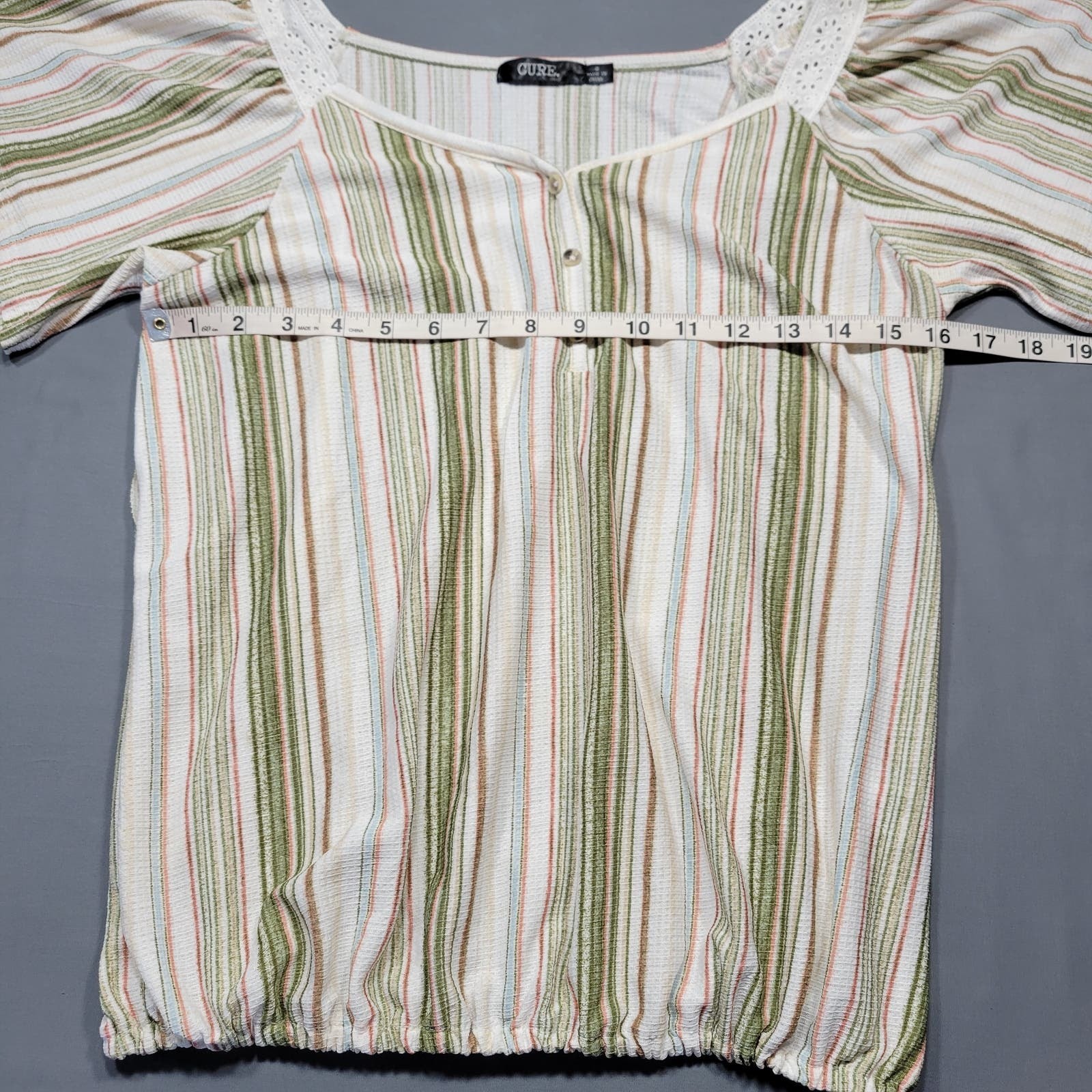 Cure Tan Shirt Stretch Striped Short Sleeves V-Neck Y2k Prairie Top Women Size S