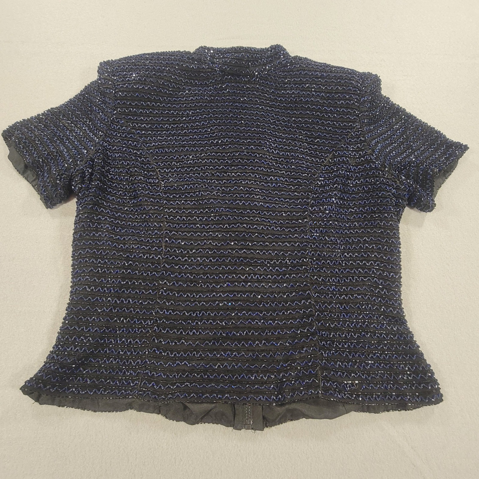 Vintage Laurence Kazar Beaded Silk Top Black Blue Zip Back Short Sleeve Large