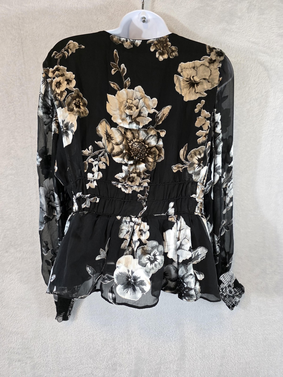 White House Black Market Top Womens Med Black Floral V-Neck Silk Blend Babydoll