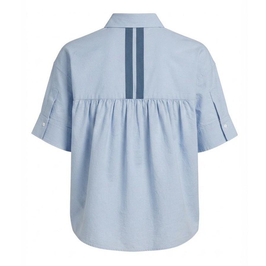 Maeve Anthropologie Blue Short Sleeve Button Down Shirt XS Contrast Trim Pleated