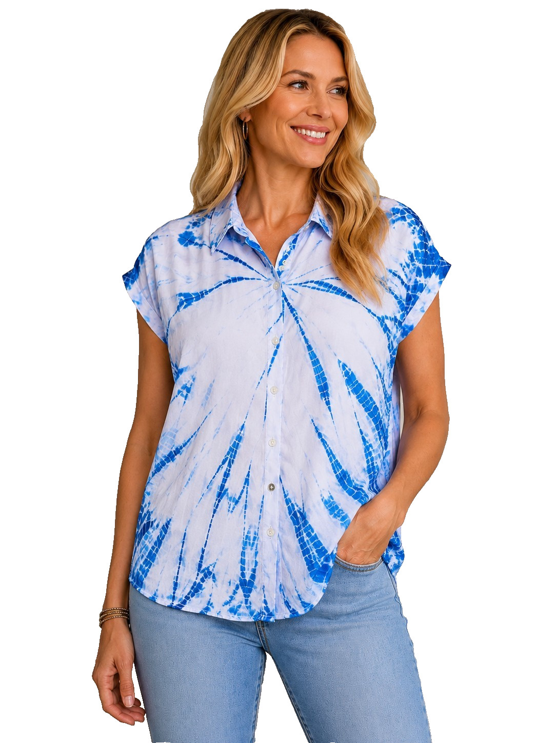 Chaser Women’s Large Tie Dye Button Front Blouse Cap Sleeve
