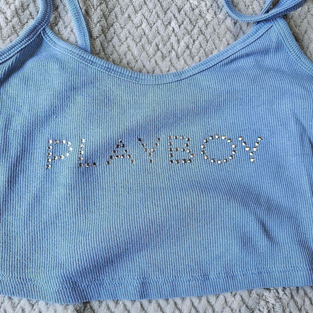 Playboy PacSun Crop Tank Top Women’s XS Blue Ribbed Rhinestone Logo NWT