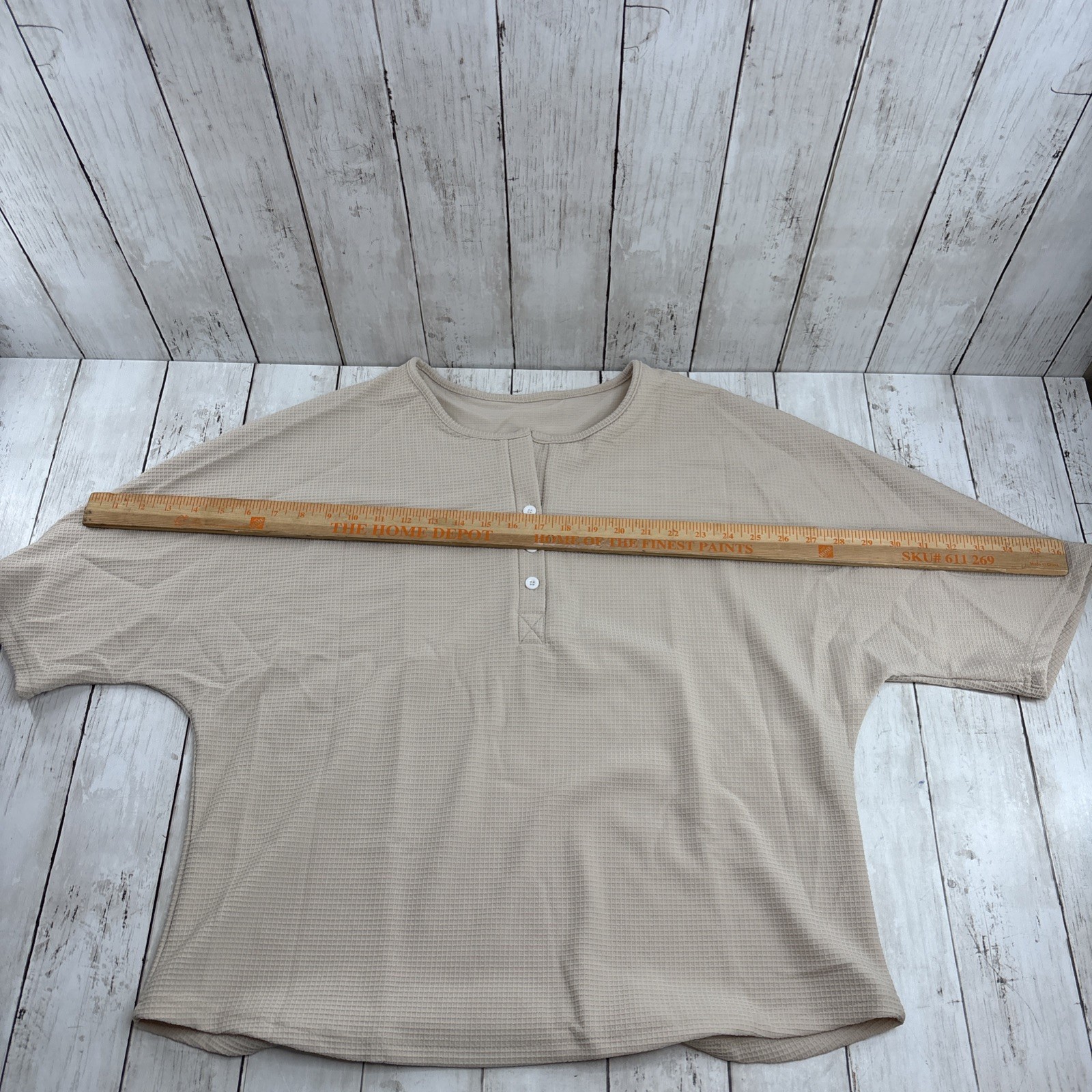 Women’s Shirt Short Raglan Sleeve Henley Waffle Knit T-Shirt Beige New Size XL