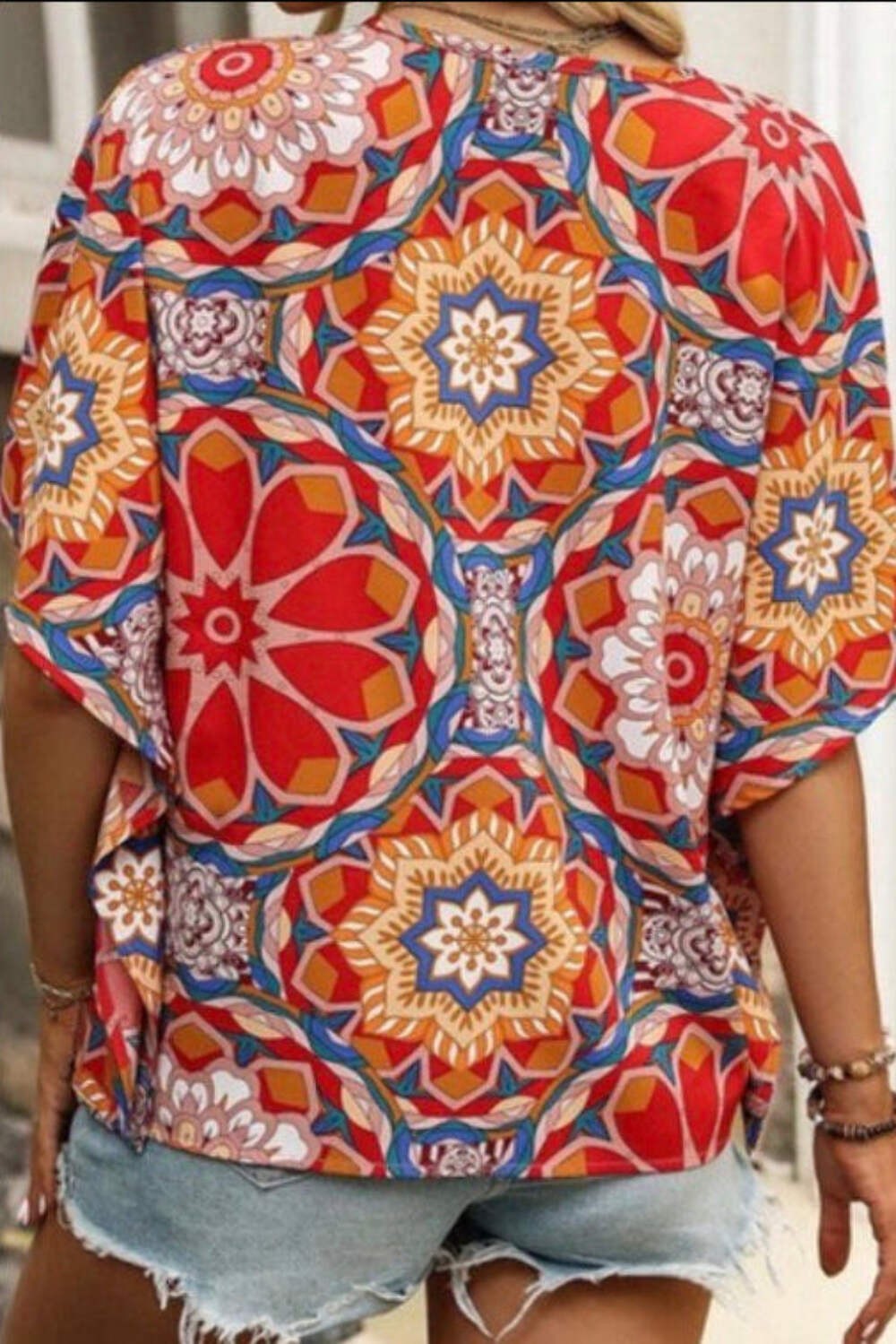 Boho Red Floral V Neck Short Sleeve Batwing Blouse