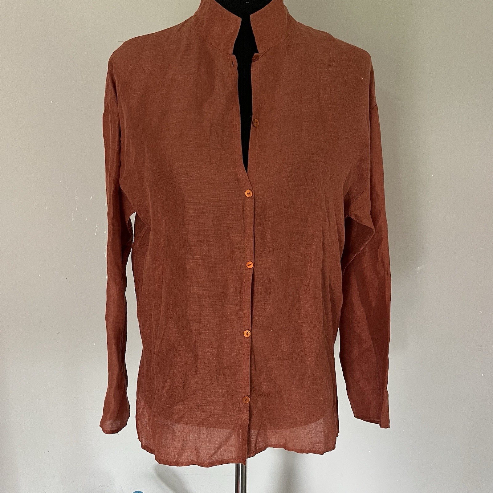 Eileen Fisher Silk Linen Sheer Boxy Blouse Stand Collar Cinnabar Orange XS