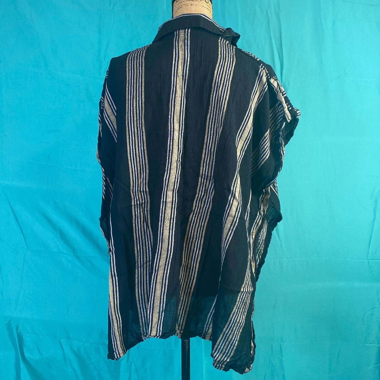 Accessory St New York Women Black Striped Cotton Poncho Top One Size Boho Gauze