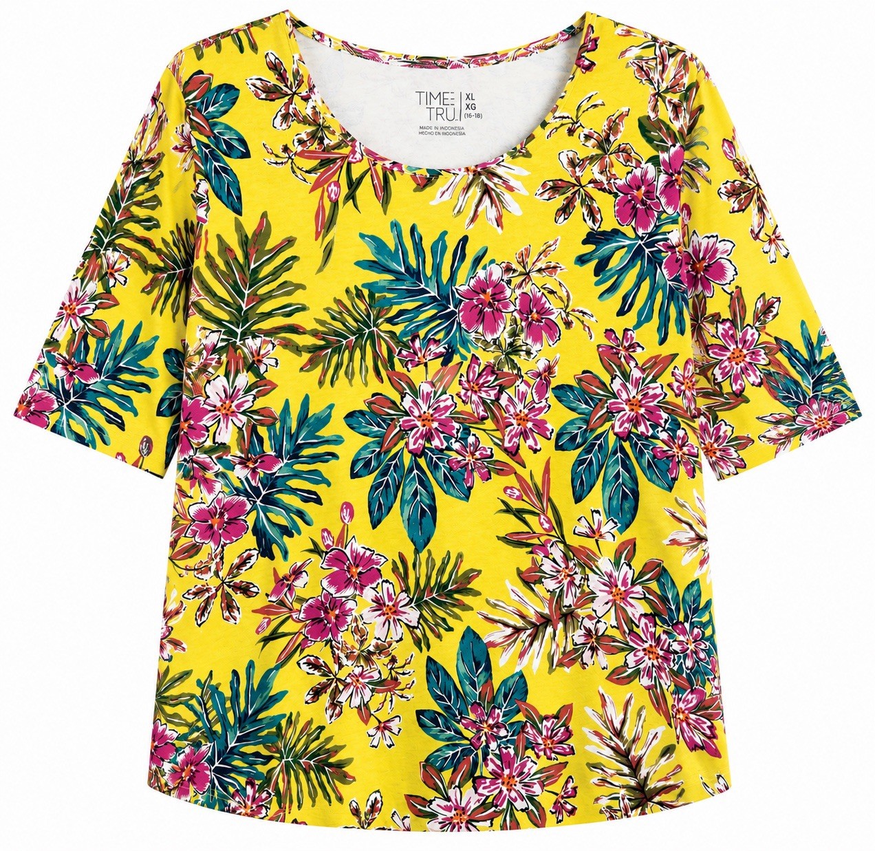 Time and Tru Womens Top Blouse XL 16-18 Yellow Tropical Floral Print Scoop Neck