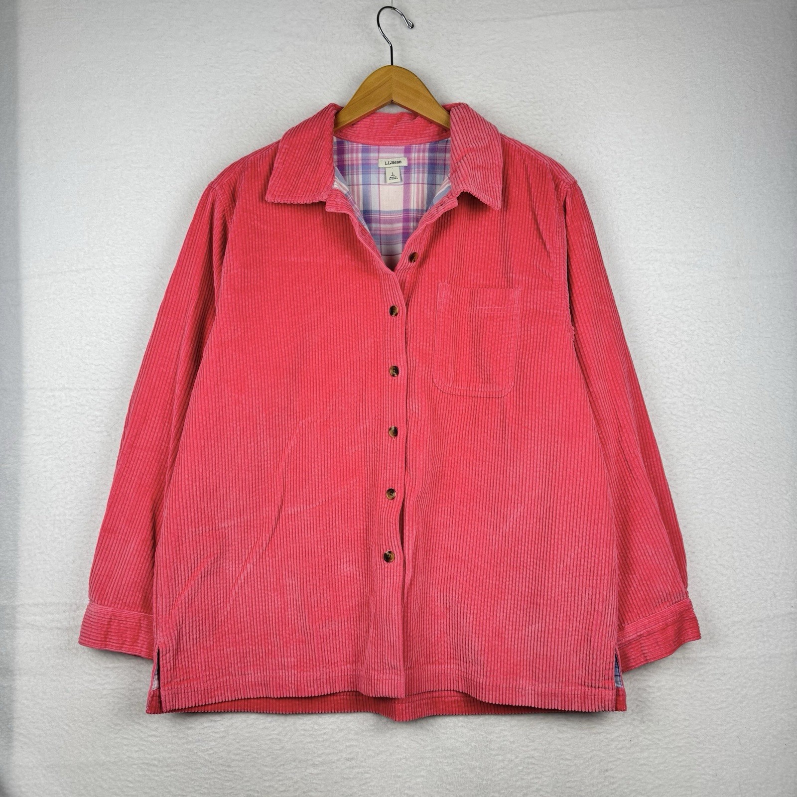 LL Bean Womens Large Pink Corduroy Plaid Lined Long Sleeve Shirt Shacket