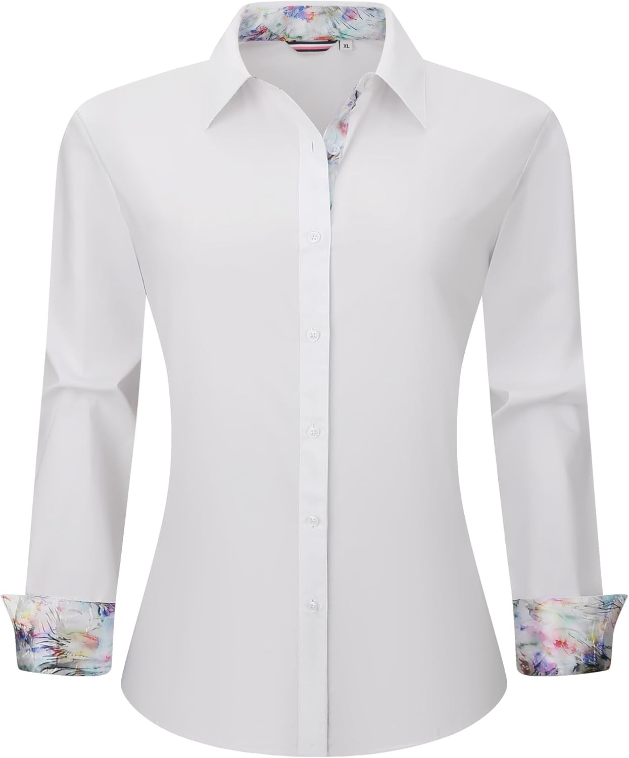 Women Dress Shirt Long Sleeve Stretch Cotton Blend Contrast Cuff Office Business
