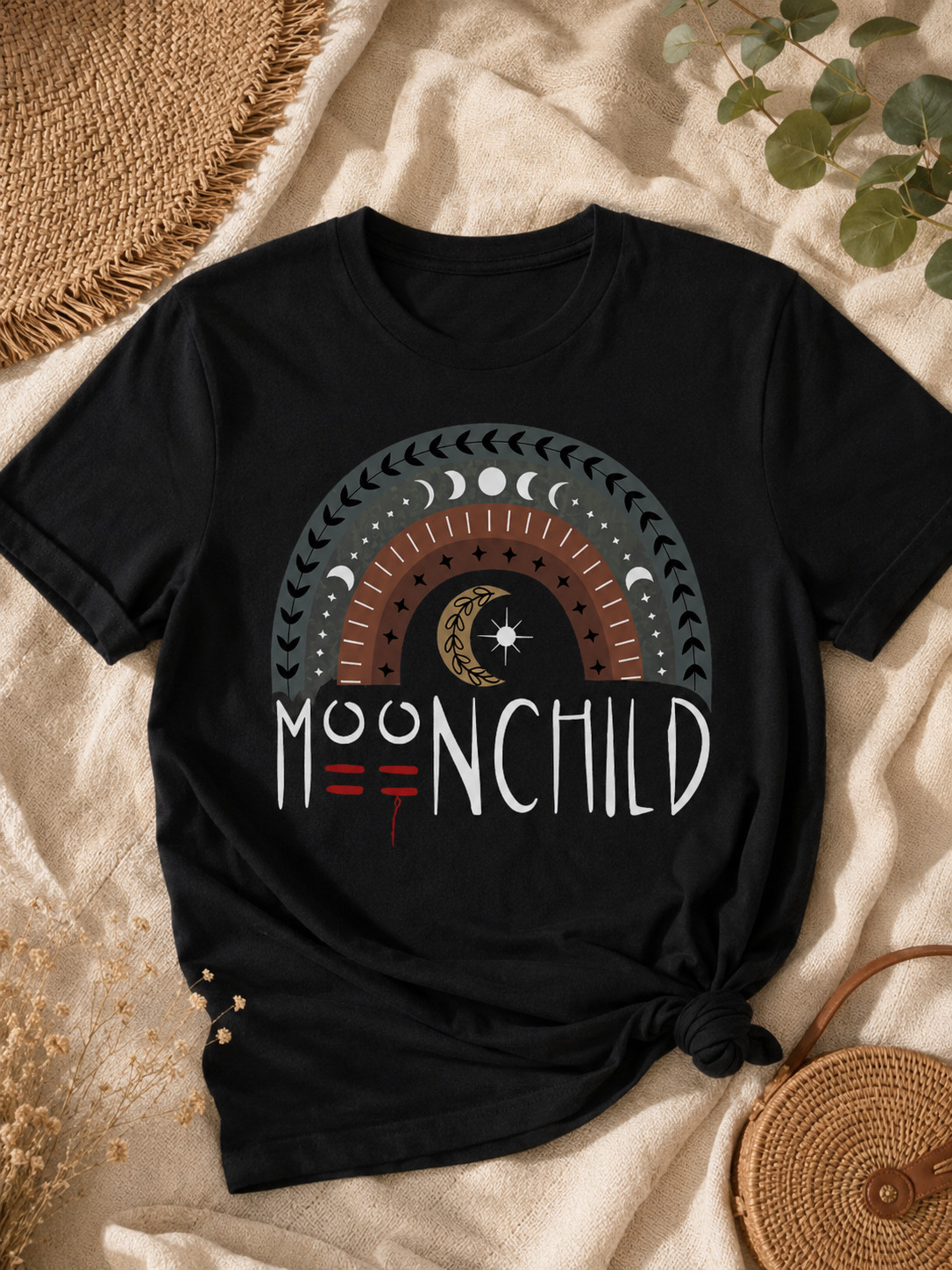Moonchild T-Shirt Celestial Rainbow Moon Phase Graphic Tee