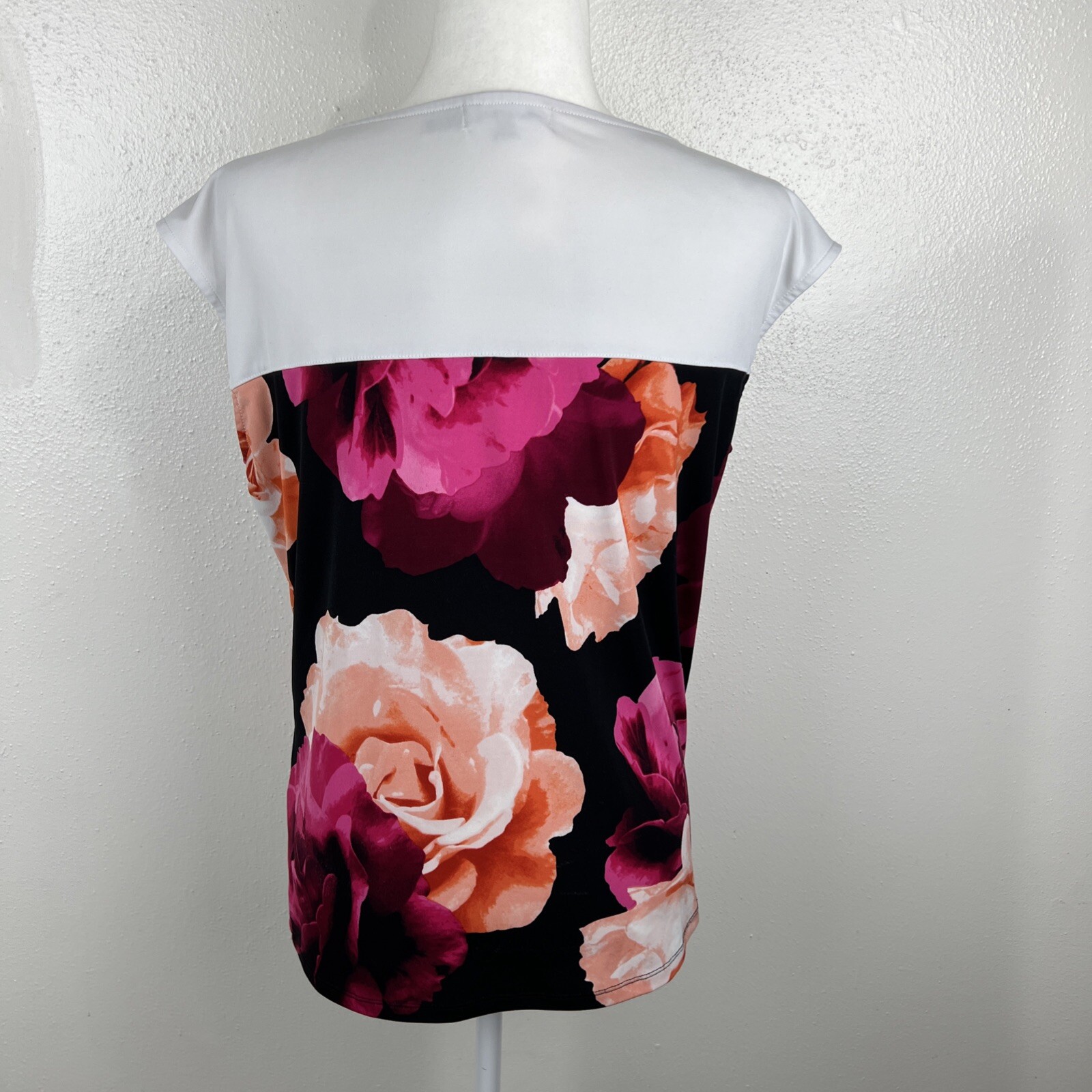Calvin Klein Blouse Women Large White Black Floral Print Gold Zip Cap Sleeve Top
