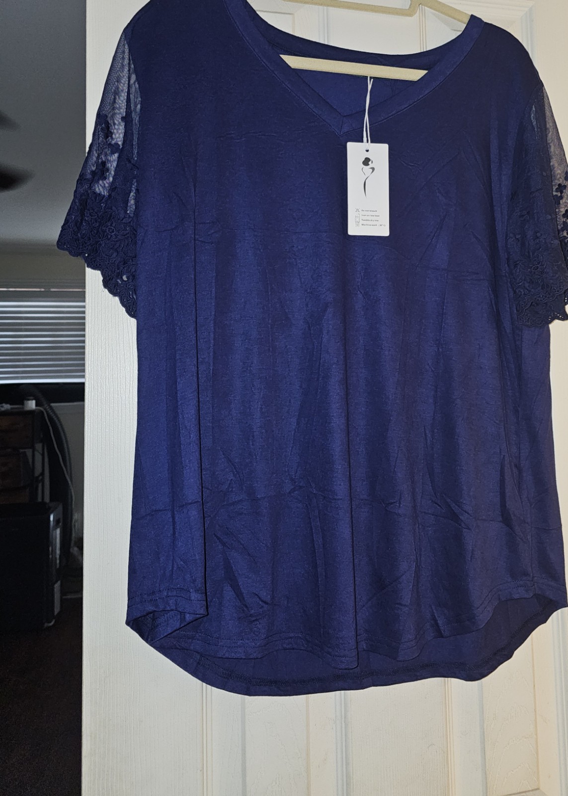 OfeeFan Women’s Blue Solid Round Neck Lace Short Sleeve Pullover Blouse XL
