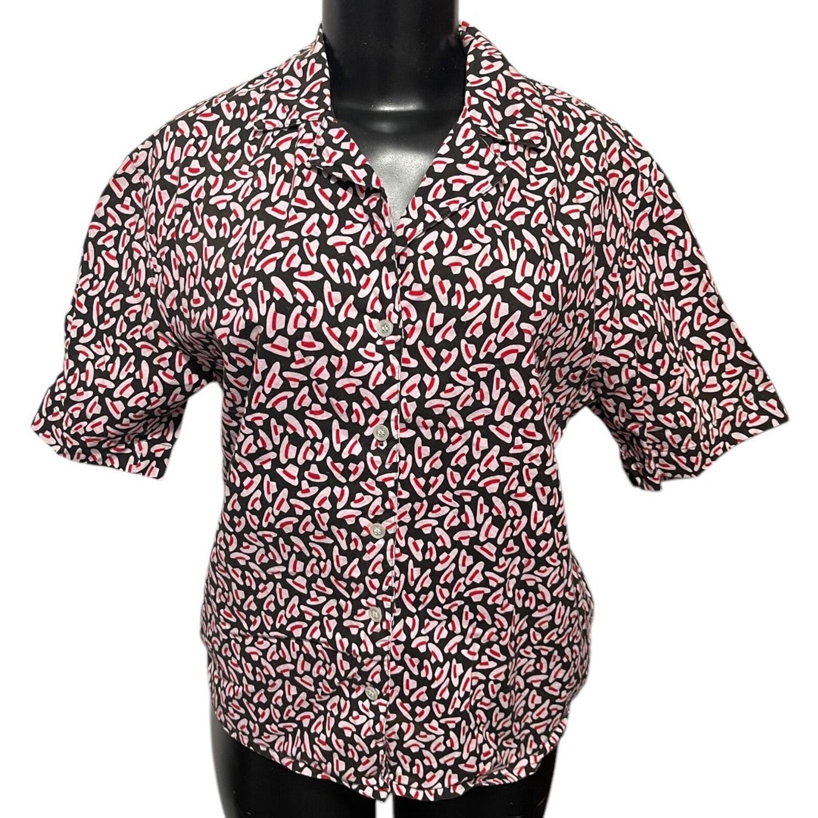 Size 12 Suburbans Womens Vintage Button Up Shirt Blouse Fedora Hat Print