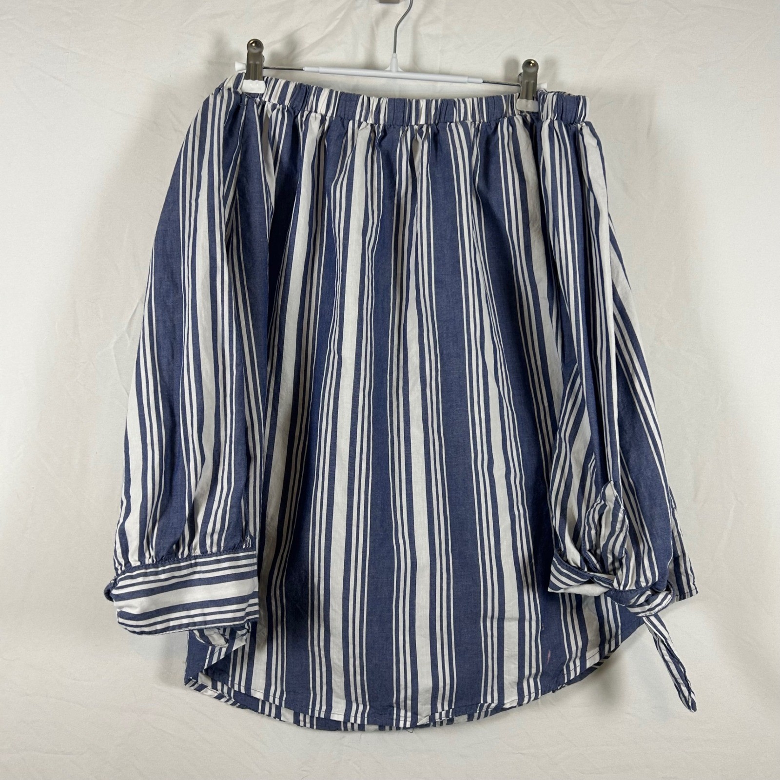No Comment NY LA Off The Shoulder Striped Blouse Blue White XL Tie Sleeve