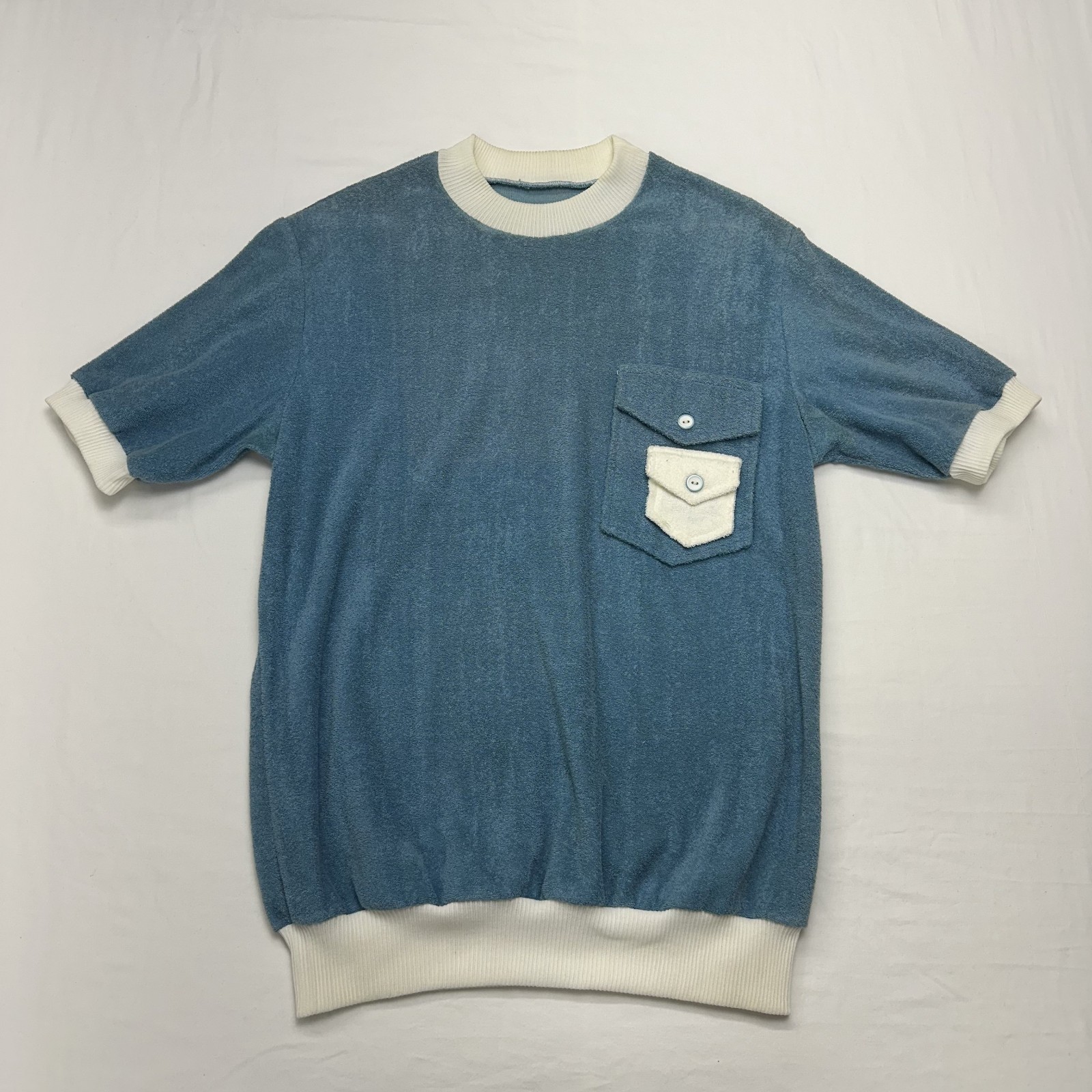 VTG 70s Womens Terry Cloth Polo Shirt Ribbed Collar Cuffs & Hem Pockets – Size L