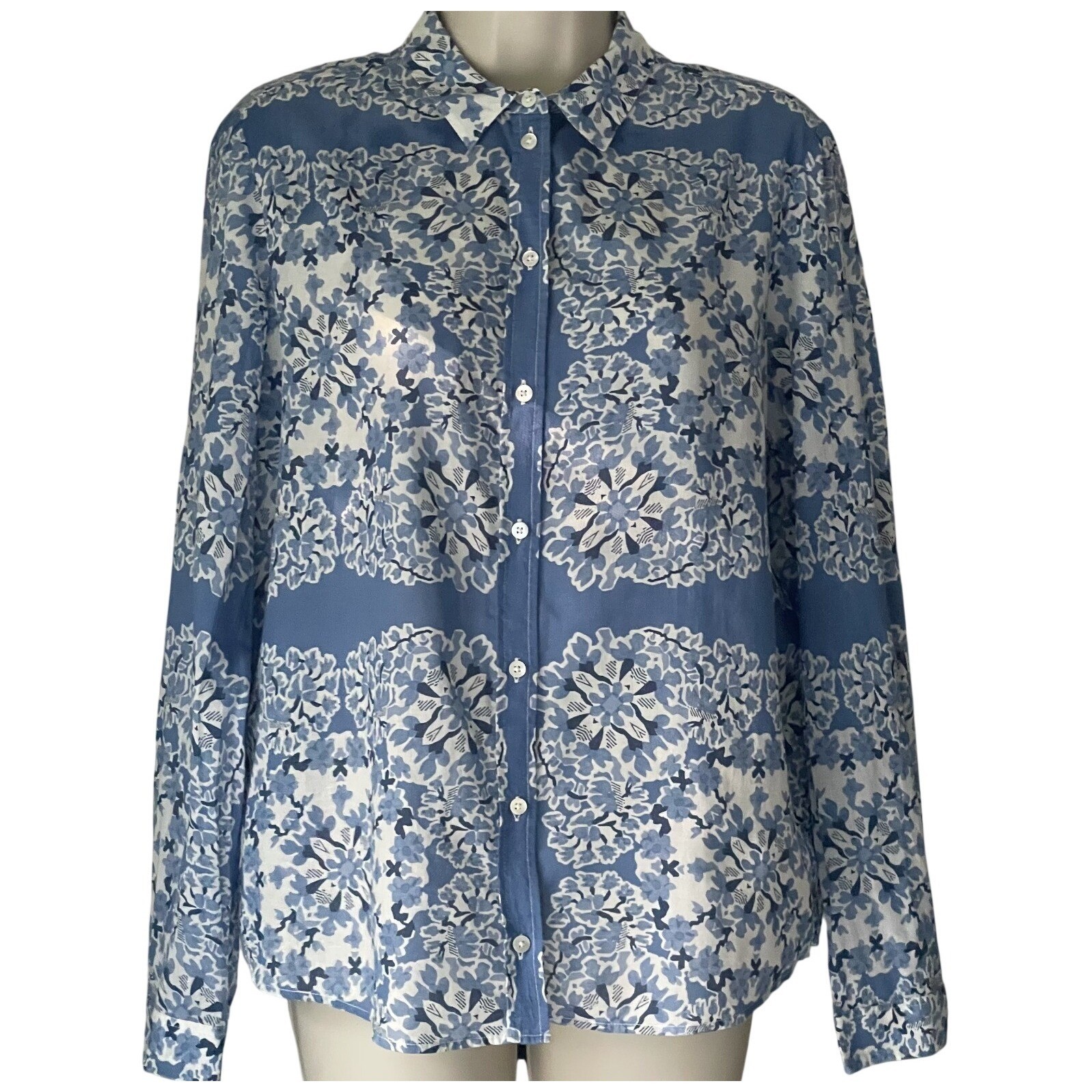 Sézane Pierro Shirt 34 XS Blue White Floral Organic Cotton Button Front Portugal