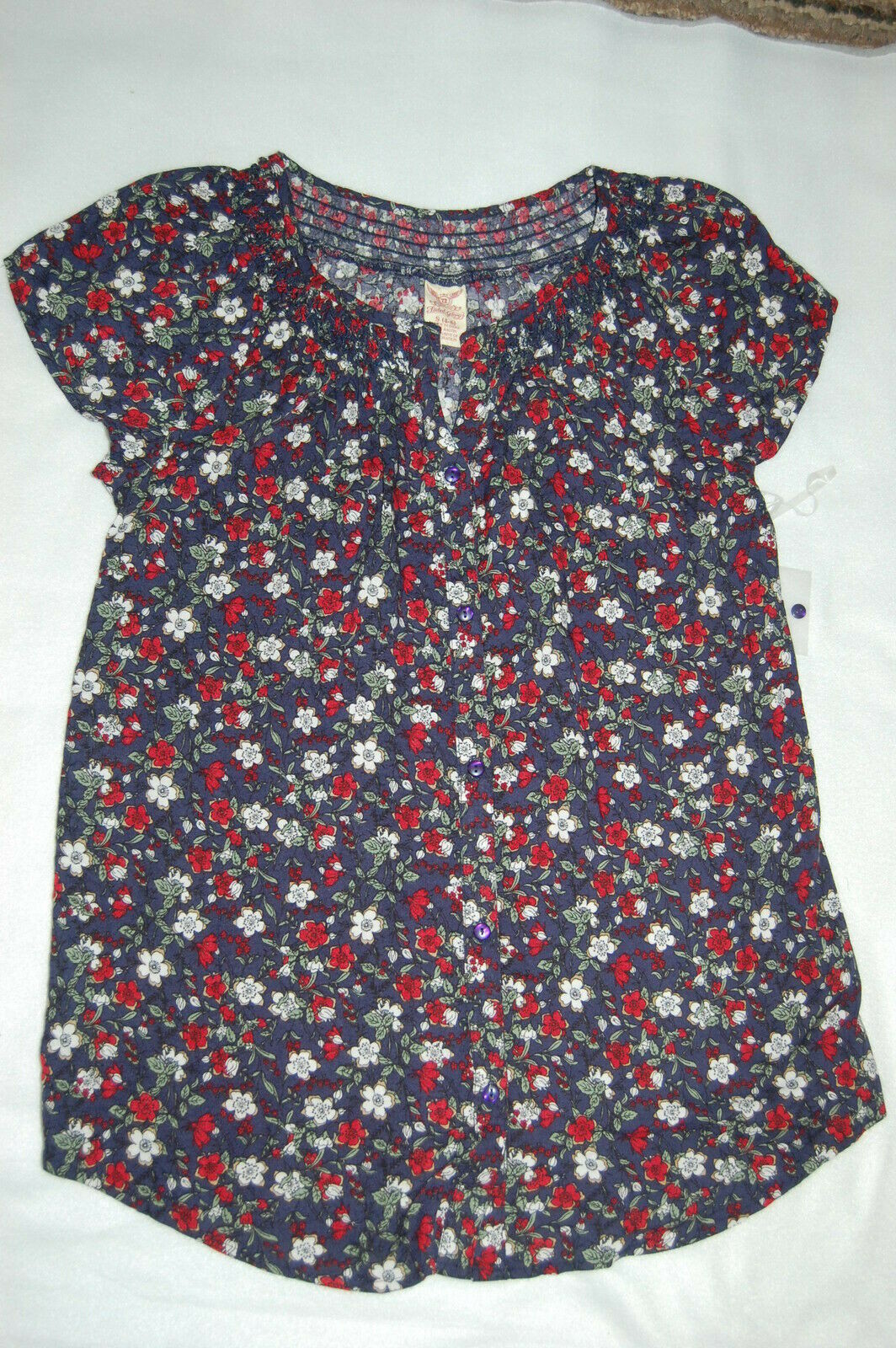 Womens SMOCKED Neck Peasant SHIRT FLORAL Navy Red White S 4-6