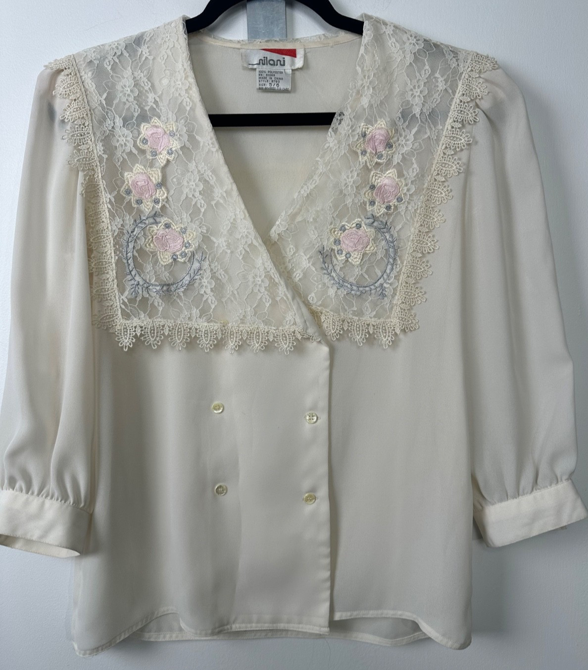 Vtg Nilani Lace Blouse Floral Embroidered White Sheer Overlay Size 5/6 Roses A4