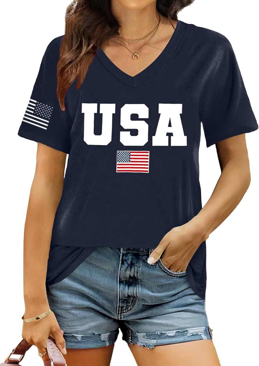 Patriotic 4th of July V-Neck T Shirt for Women USA Flag Red White Blue Top