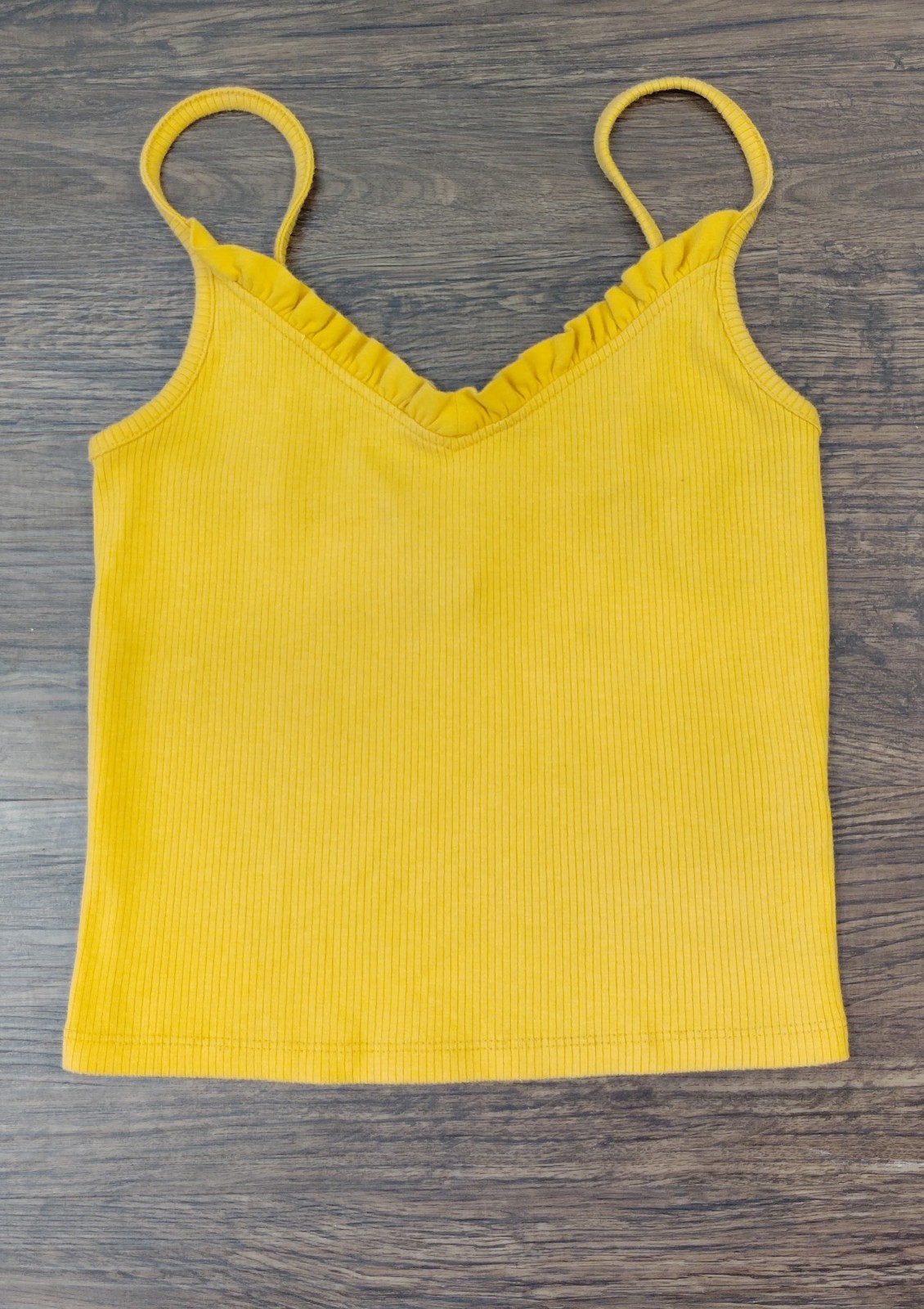 Forever 21 Crop Stretch Tank Top Womens S Golden Yellow Ruffle Neck Ribbed Cami