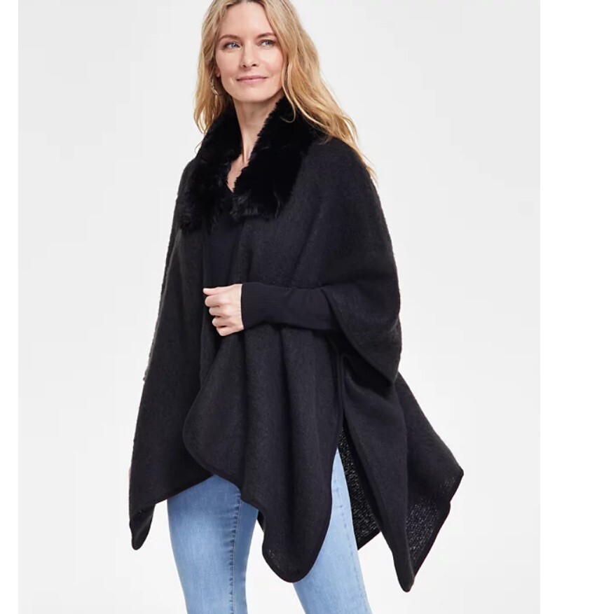 INC Inter. Concepts faux-fur trim women’s open front ruana poncho wrap in Black