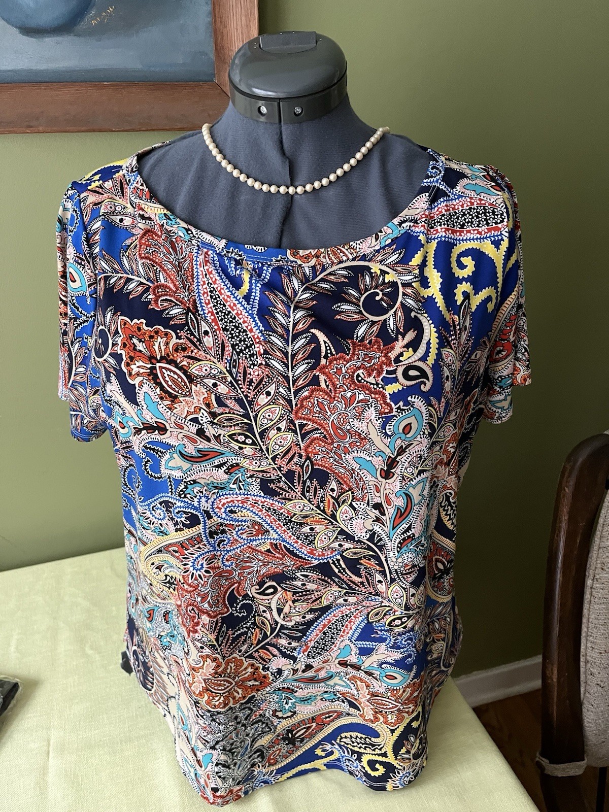 Unbranded Womens XL Navy Tan Orange Short Sleeve Paisley Top
