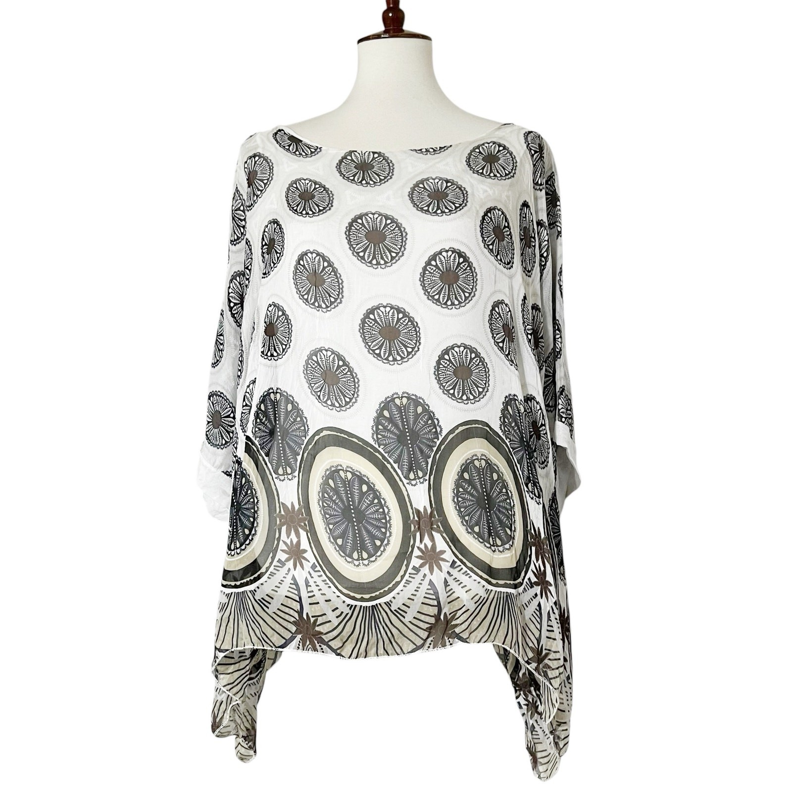 Meo Meli Women’s White Black Abstract Print High-Low Tunic Blouse Top Size Small