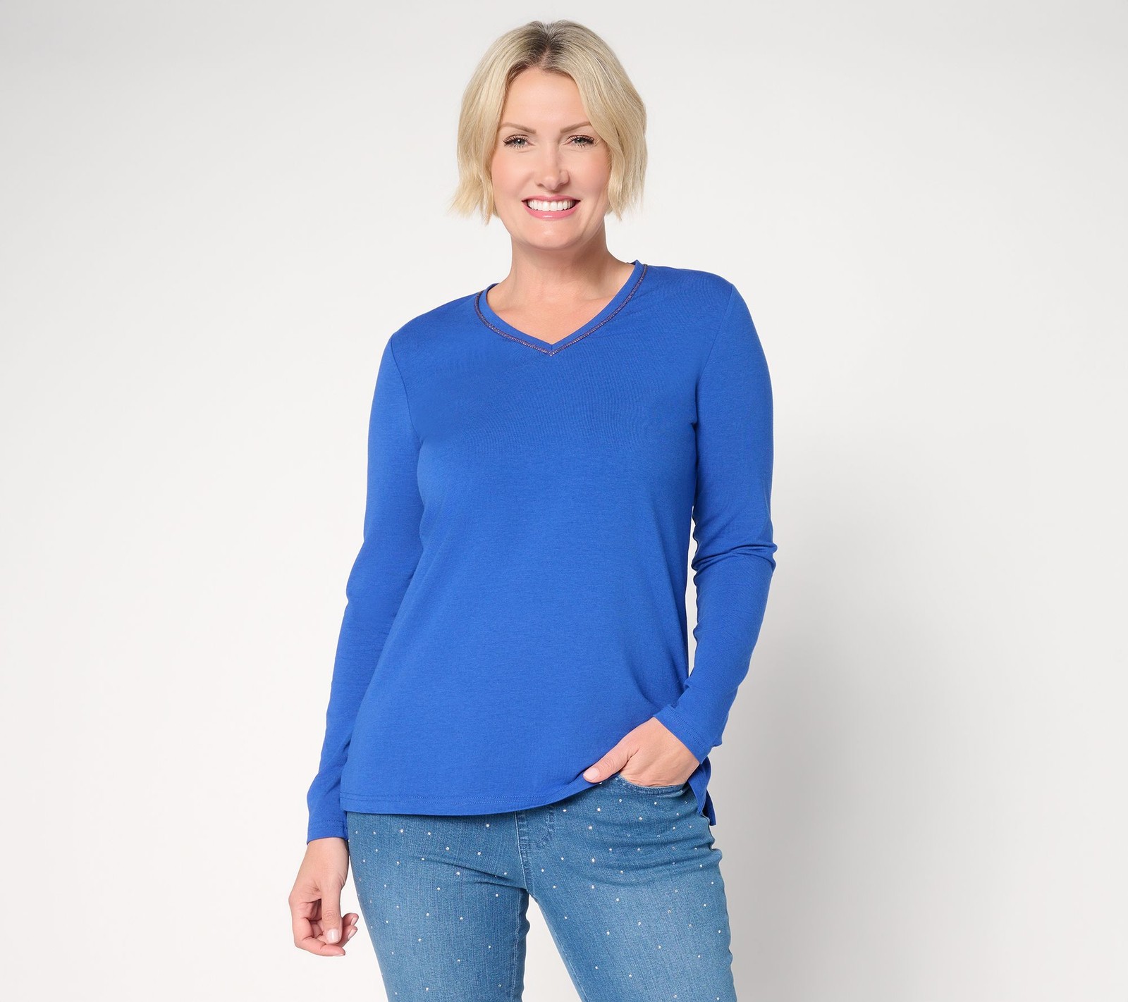 Belle by Kim Gravel Jingle Belles TripleLuxe Knit Sparkle V-Neck Top Sapphire M
