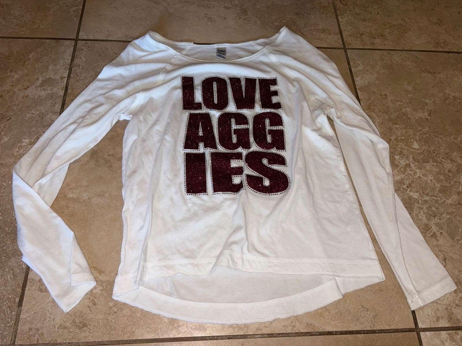 NWOT Kavio Texas Aggies White Long Sleeve Raglan Raw Hem T Shirt Top Sm