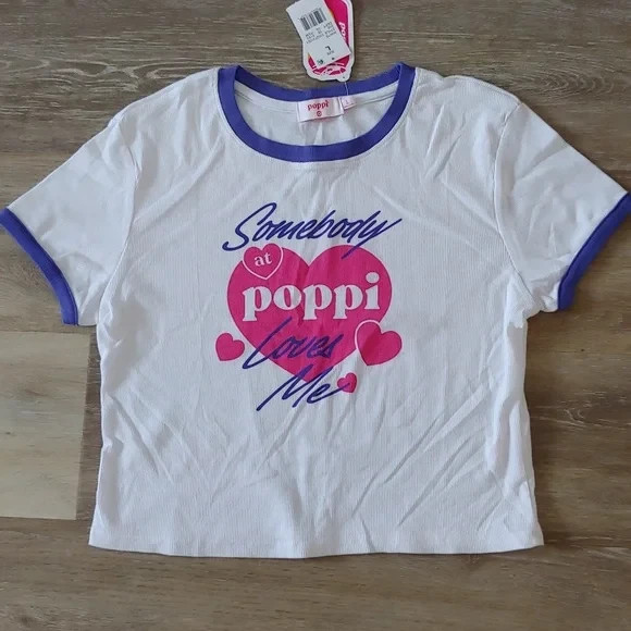 NWT Poppi Soda Women’s Graphic Ringer T-Shirt White Size L