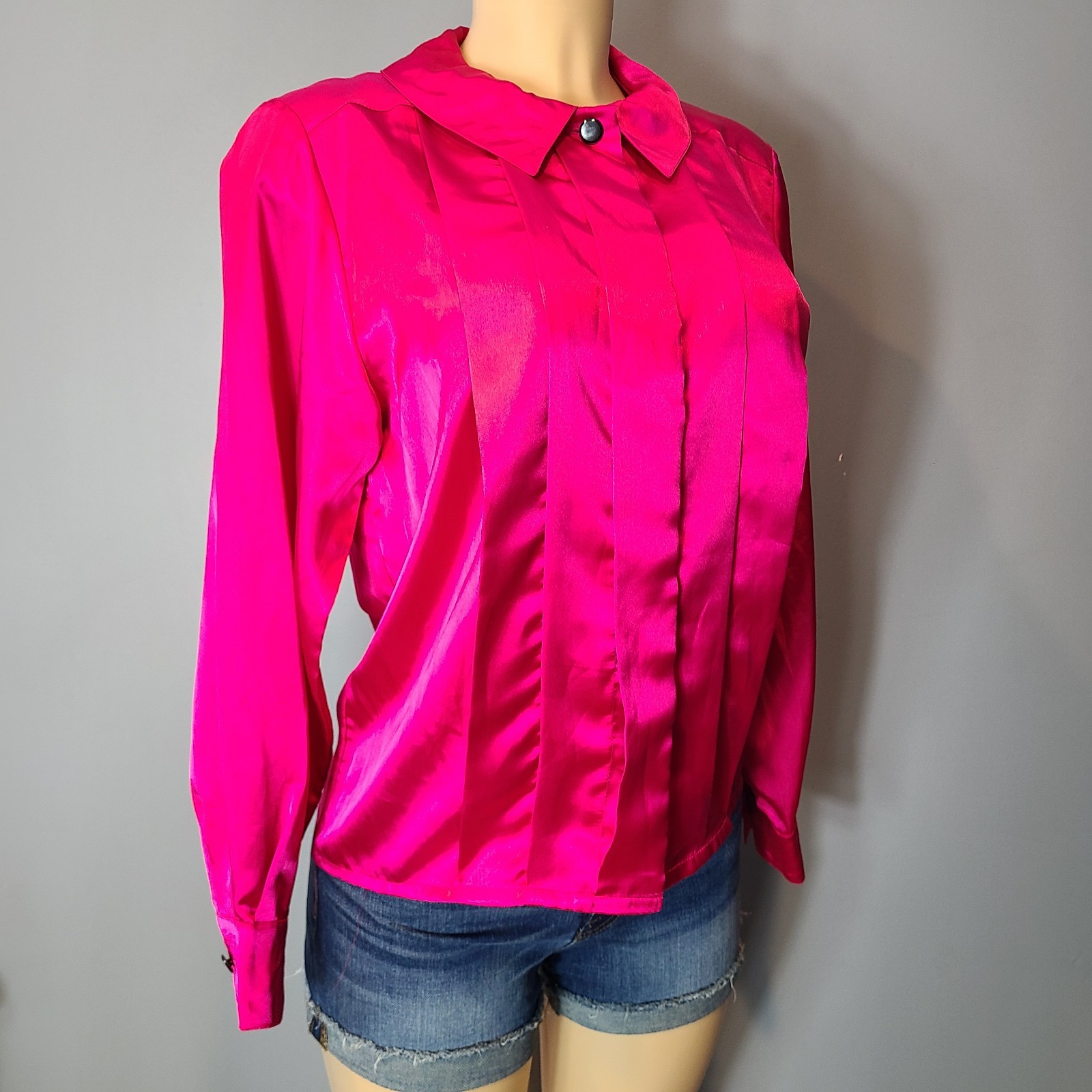 Vtg 80s 90s Top Satin Pink Pleated Retro Pink Statement Tailored Collared Sz M
