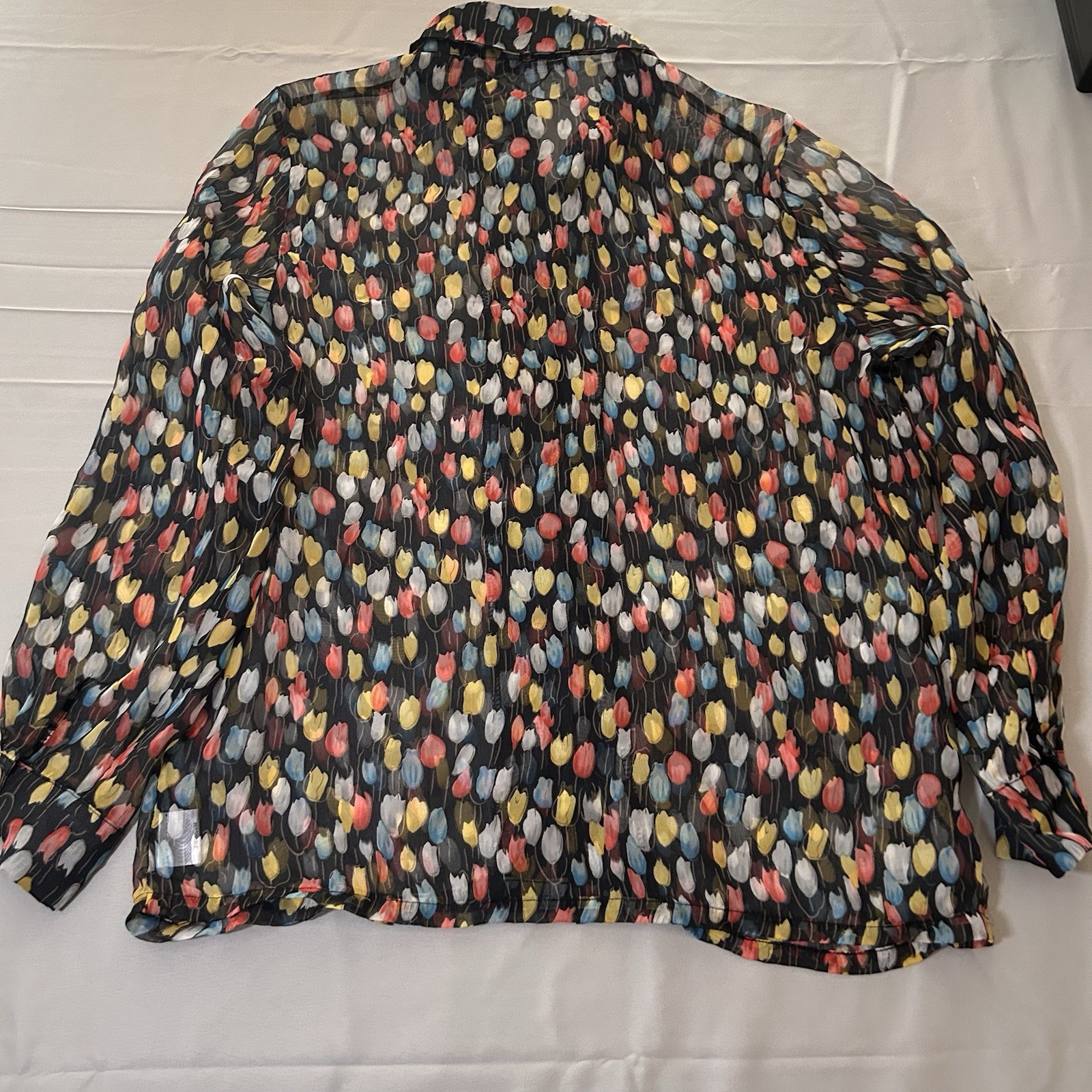 STELLA Sheer Tulip Print Button Front Blouse Black Multicolor Long Sleeve Size 4