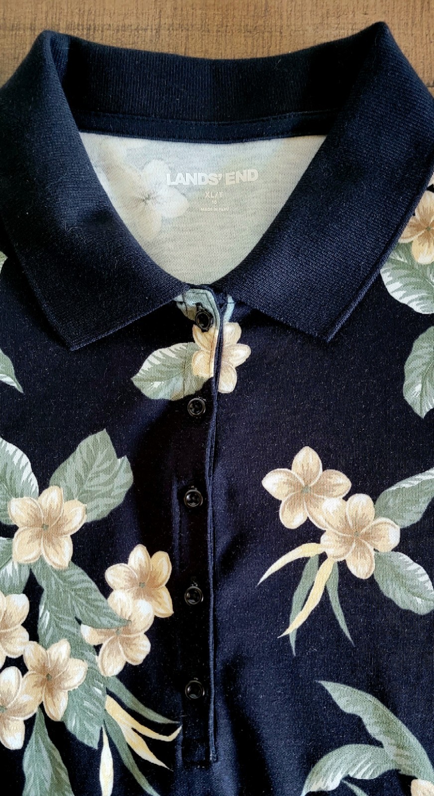 New! Lands’ End Women’s Polo Shirt XLT/18 Black w/Flowers Cotton Supima