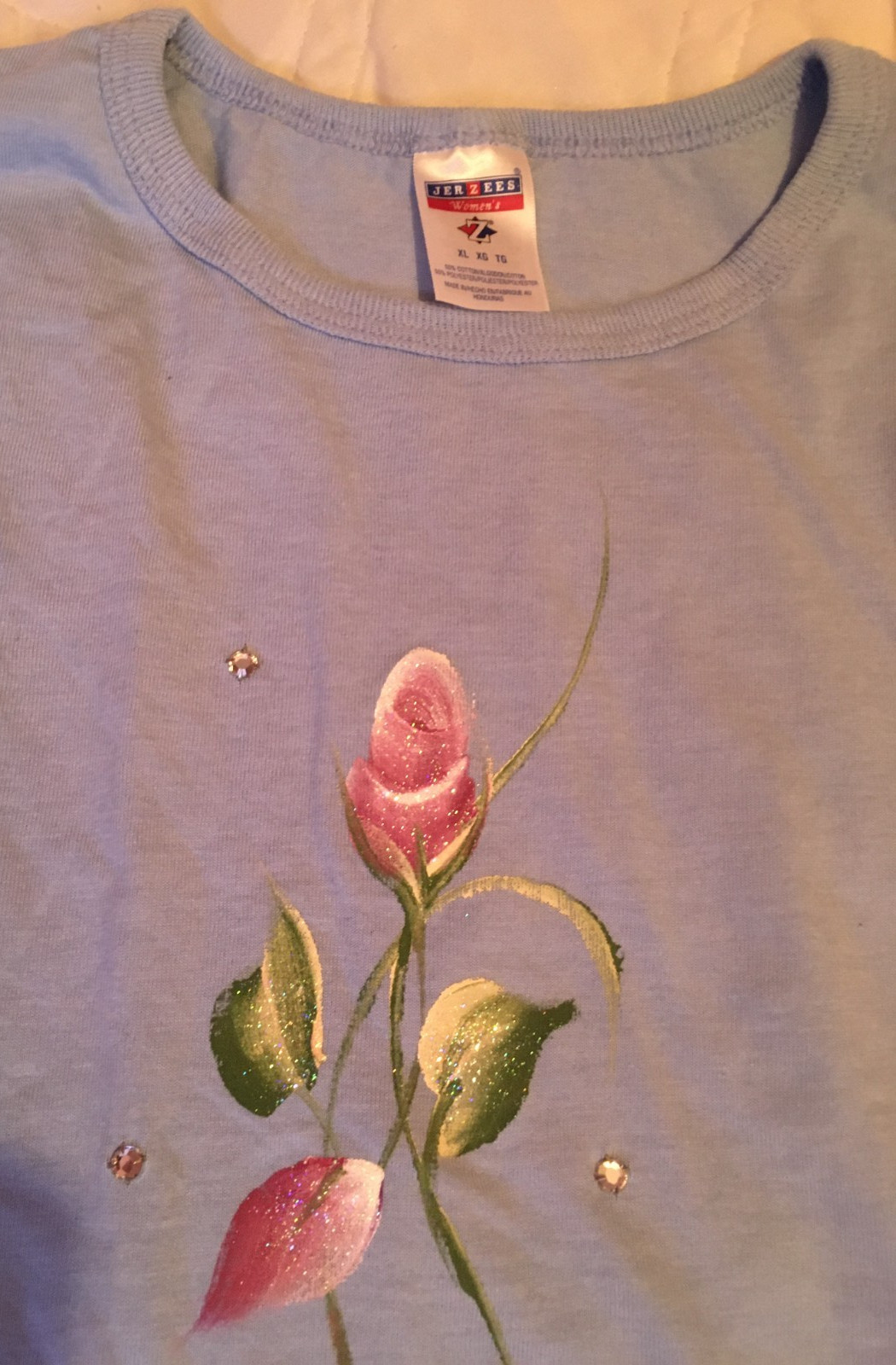 Jerzees blue cotton/poly tee, handpainted rose, crystals, woman’s size XL