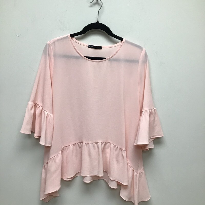 Gibson Womens Blouse Top Pink 3/4 Bell Sleeve Scoop Neck Sheer Ruffles Shirt M